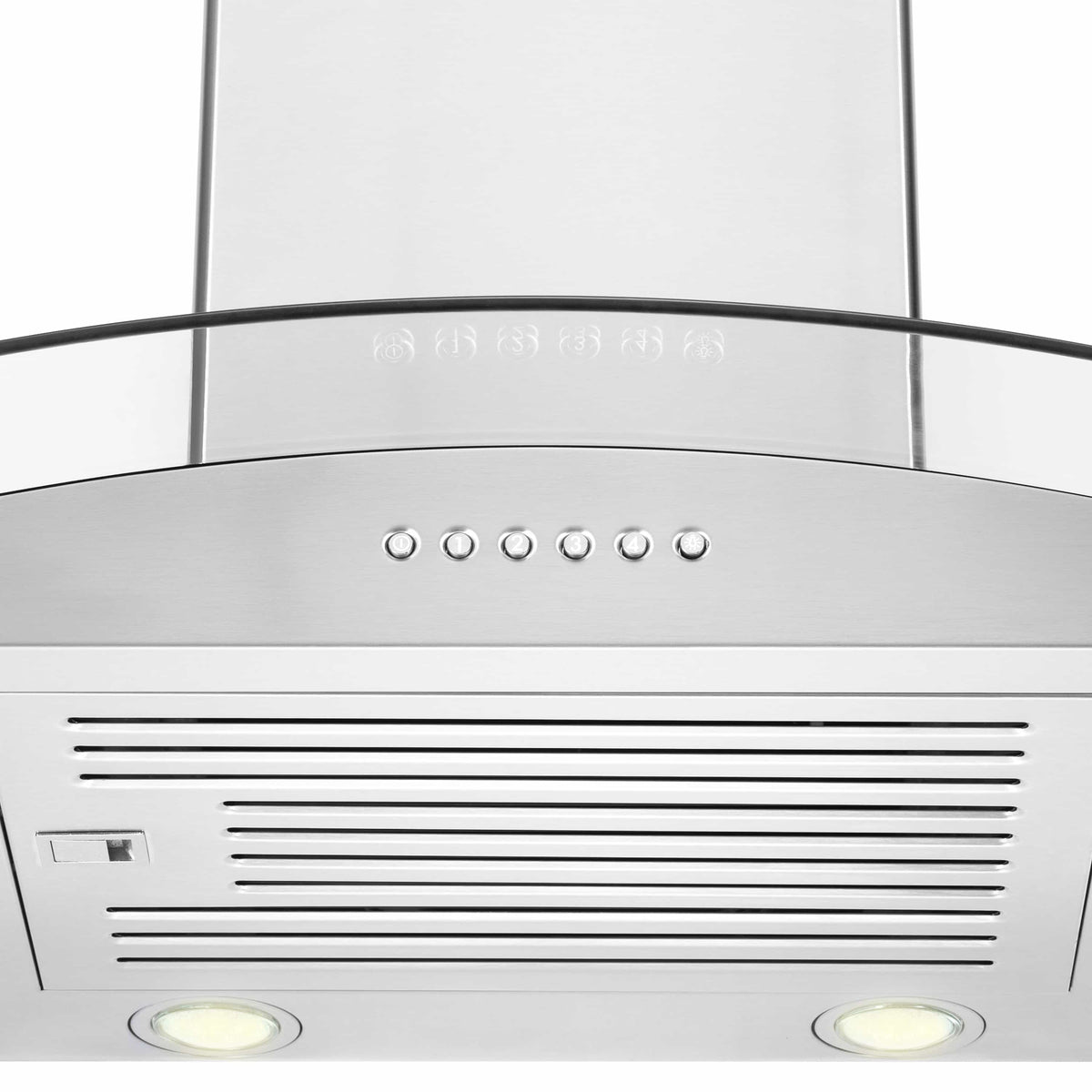 Stainless steel range hood control area with row of small indicator lights