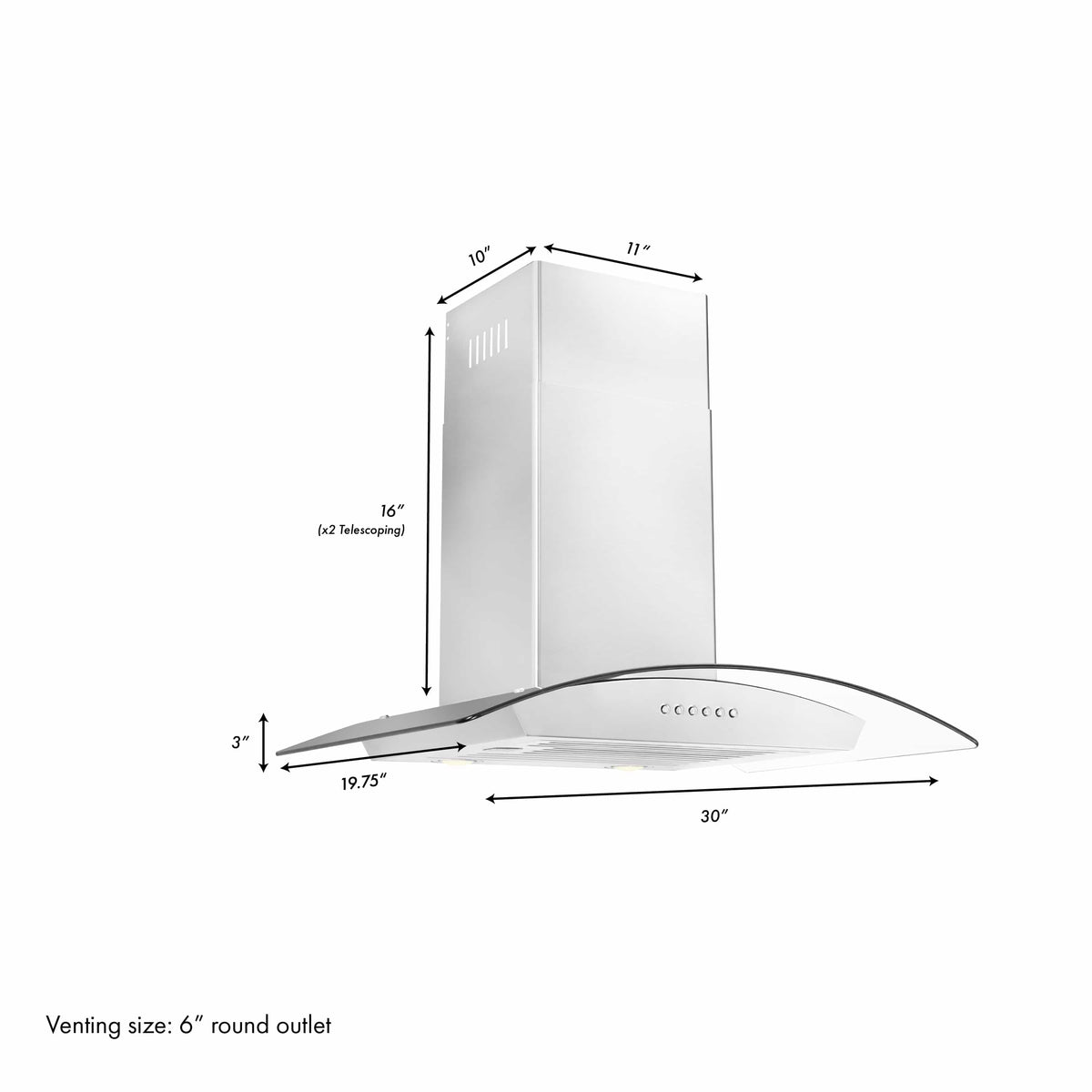 Wall-mount range hood with arched canopy and vented chimney shown with measurements