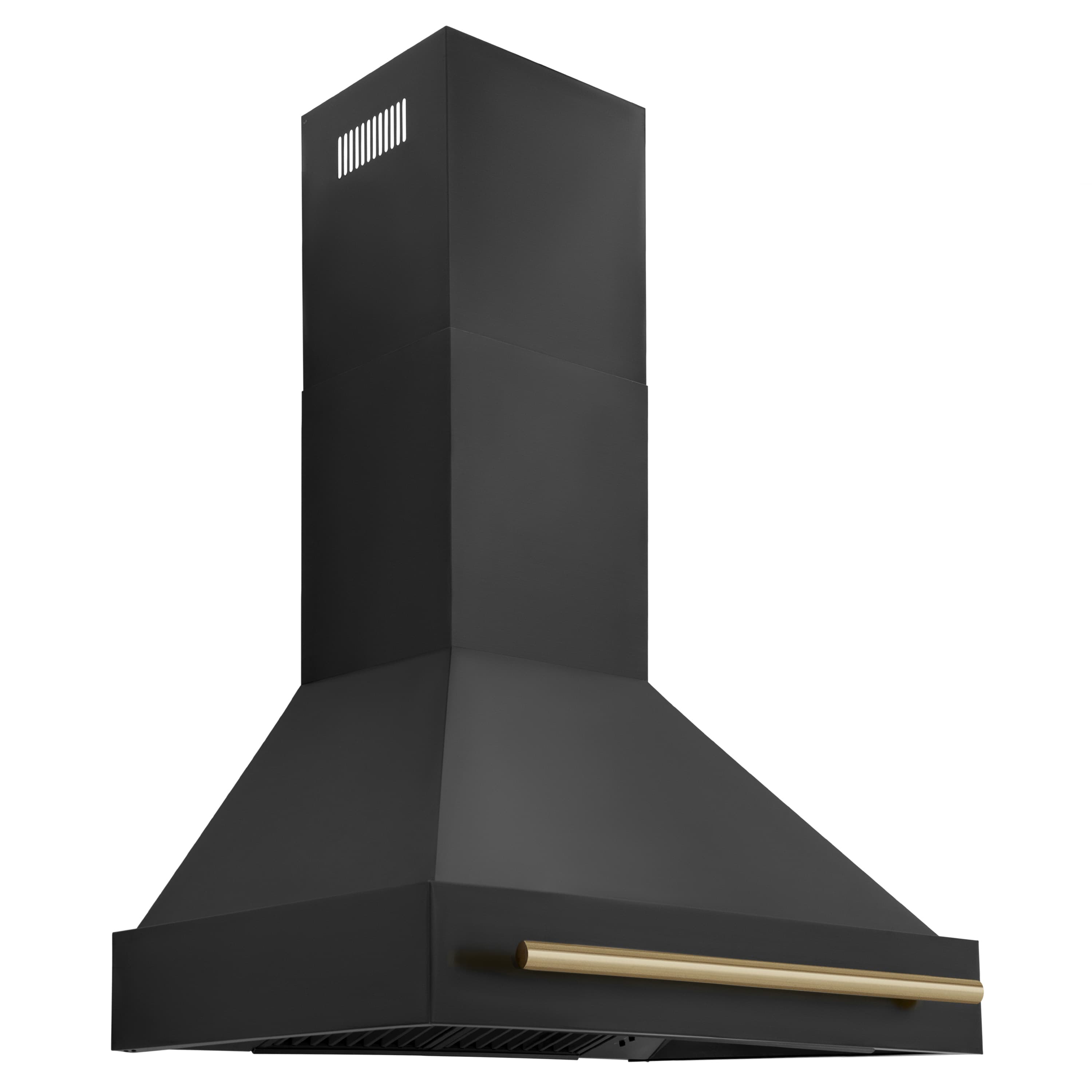 Black wall mount range hood angled chimney with champagne bronze front rail
