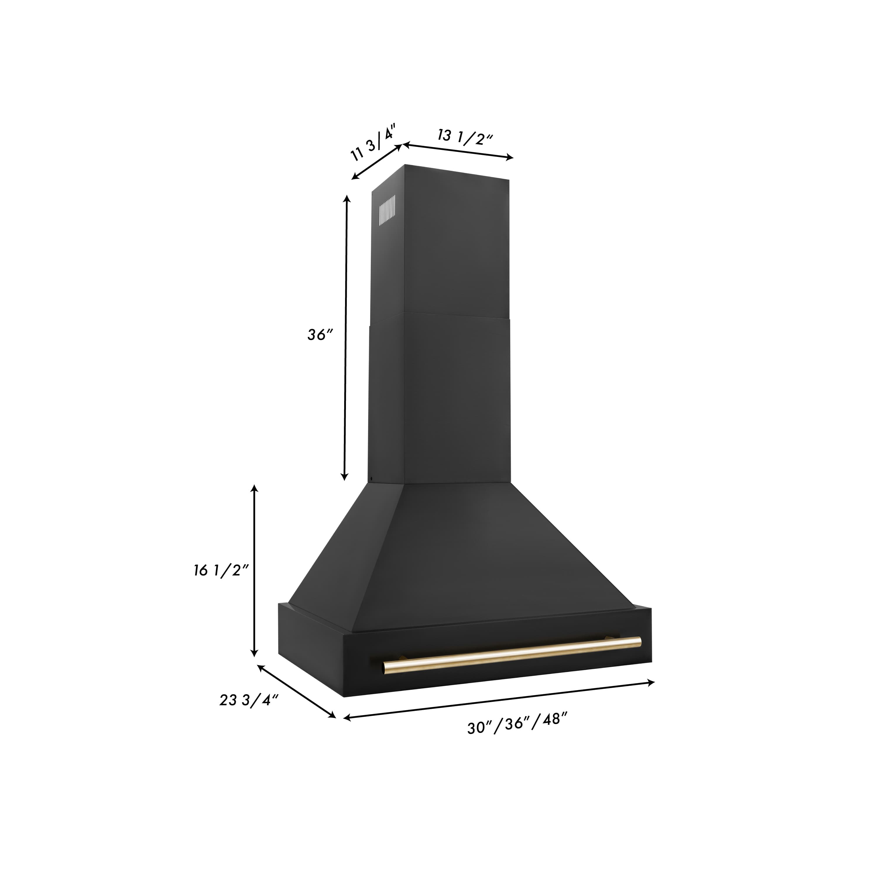 Black wall-mount range hood with gold-trimmed bottom panel and measurements