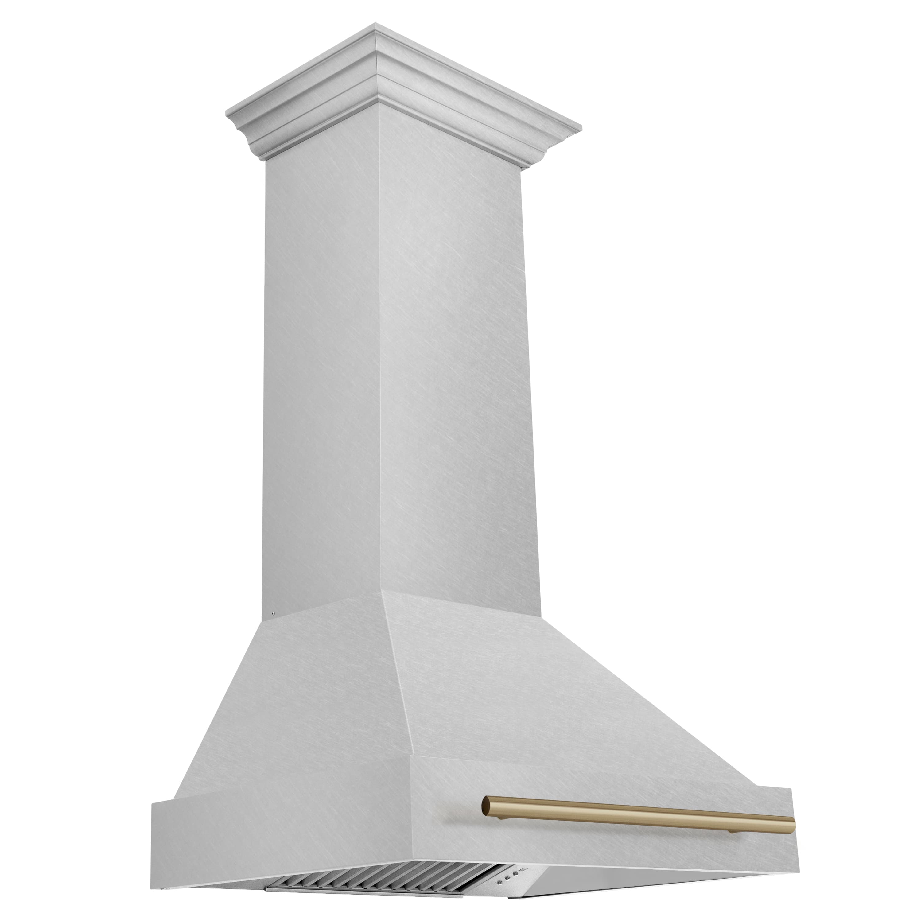 Wall mount range hood, satin stainless with champagne bronze handle and vent grille