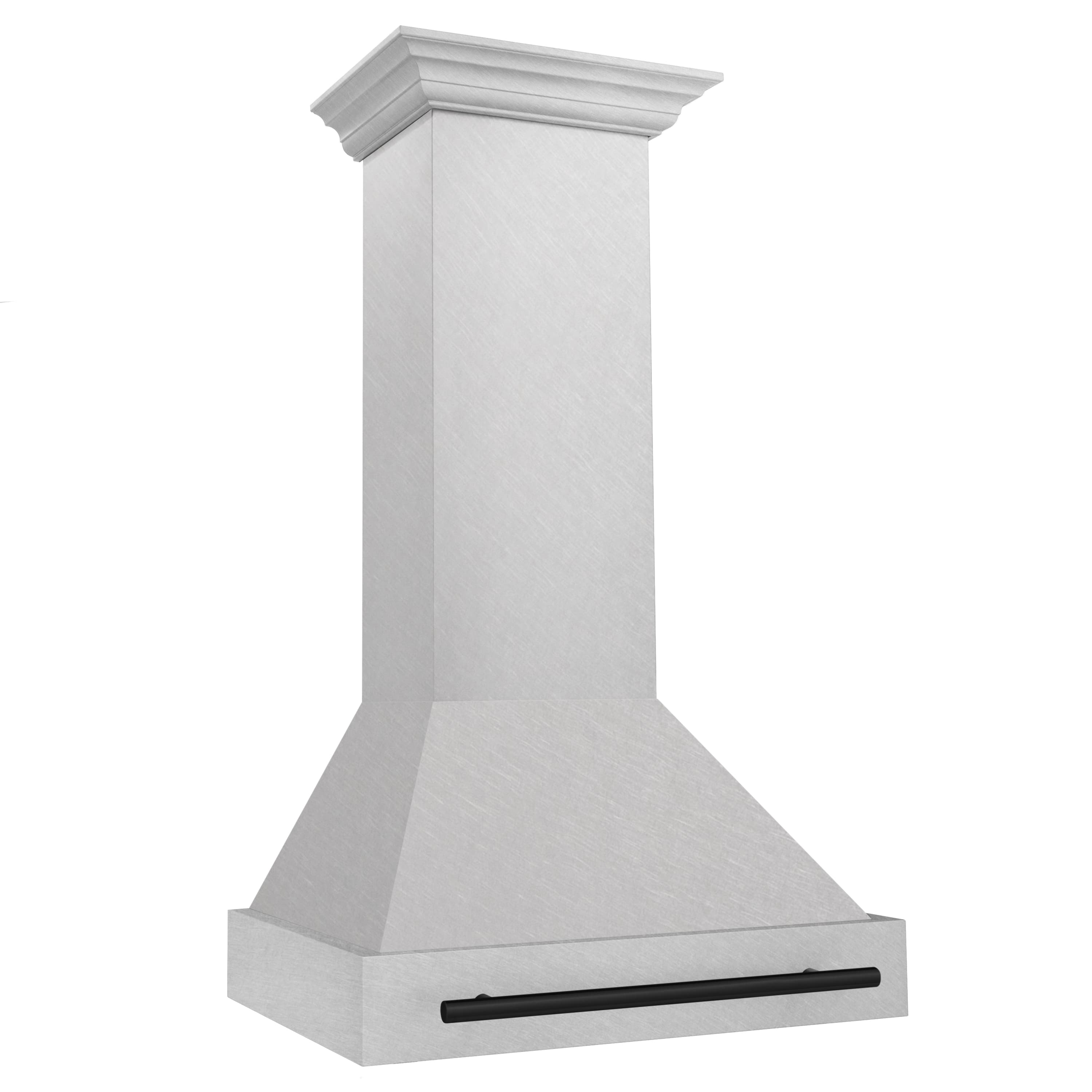 Wall mount range hood with satin stainless flue and matte black handle, front view