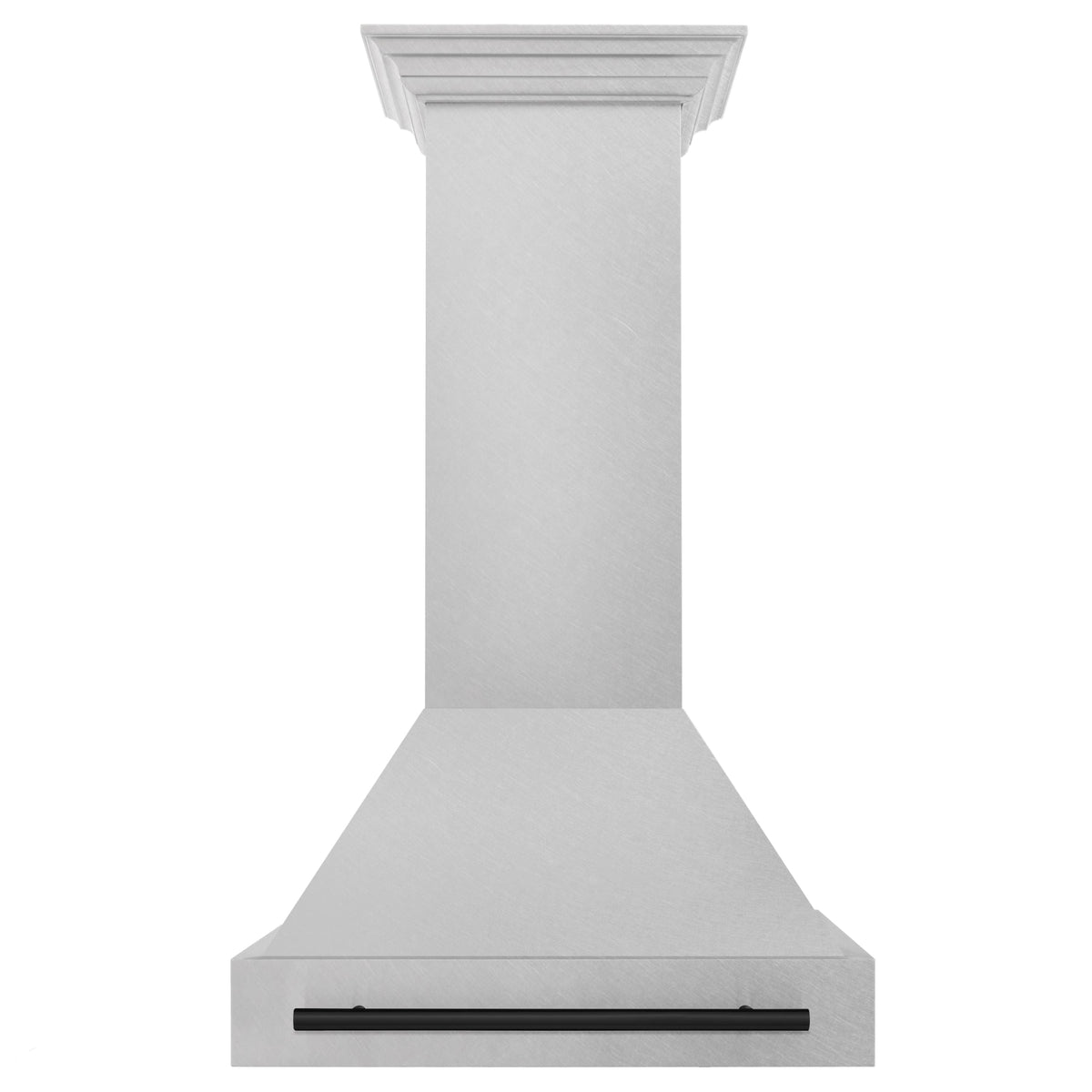 Wall mount range hood, satin stainless chimney with matte black bar handle
