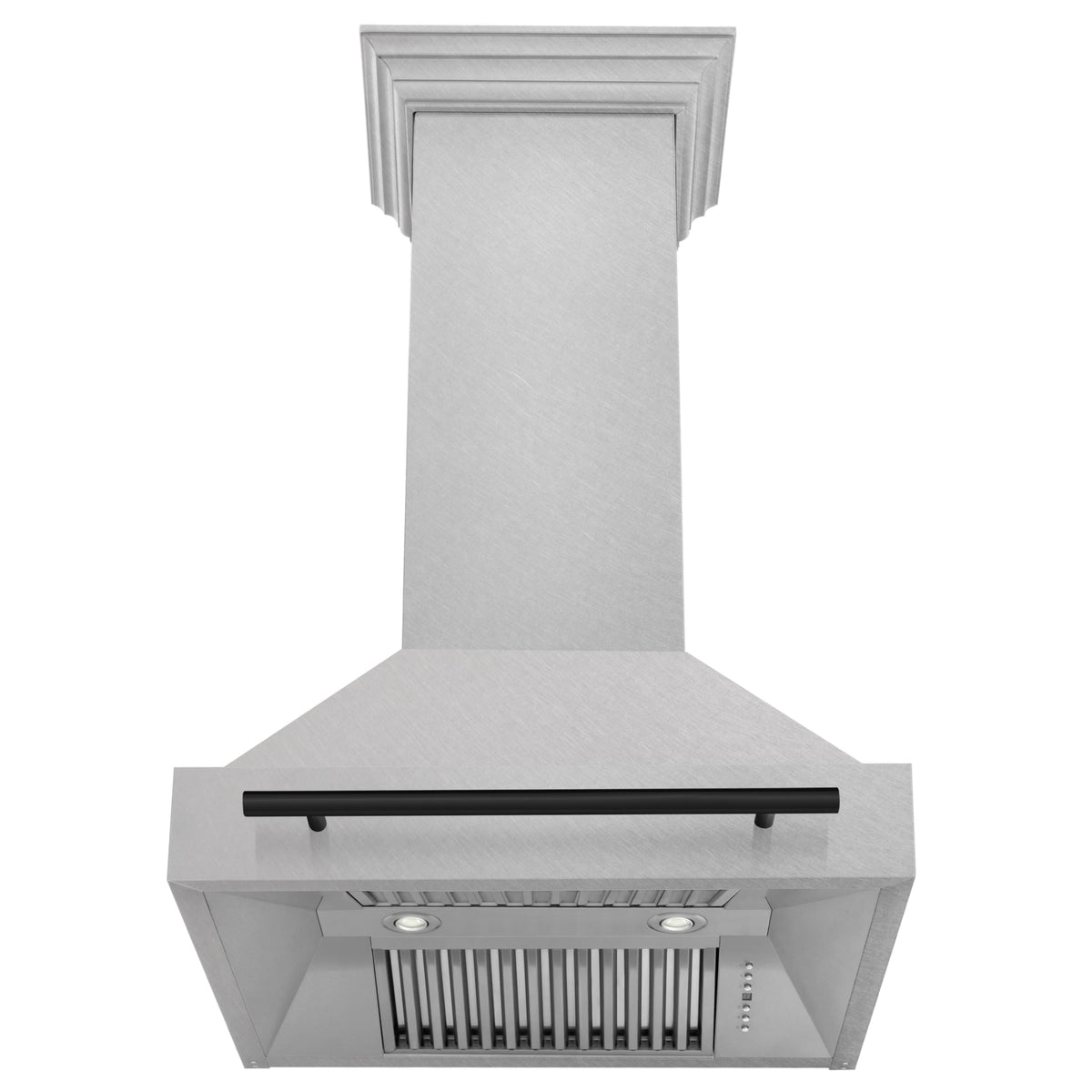 Wall mount range hood with satin stainless chimney, matte black handle, front grille