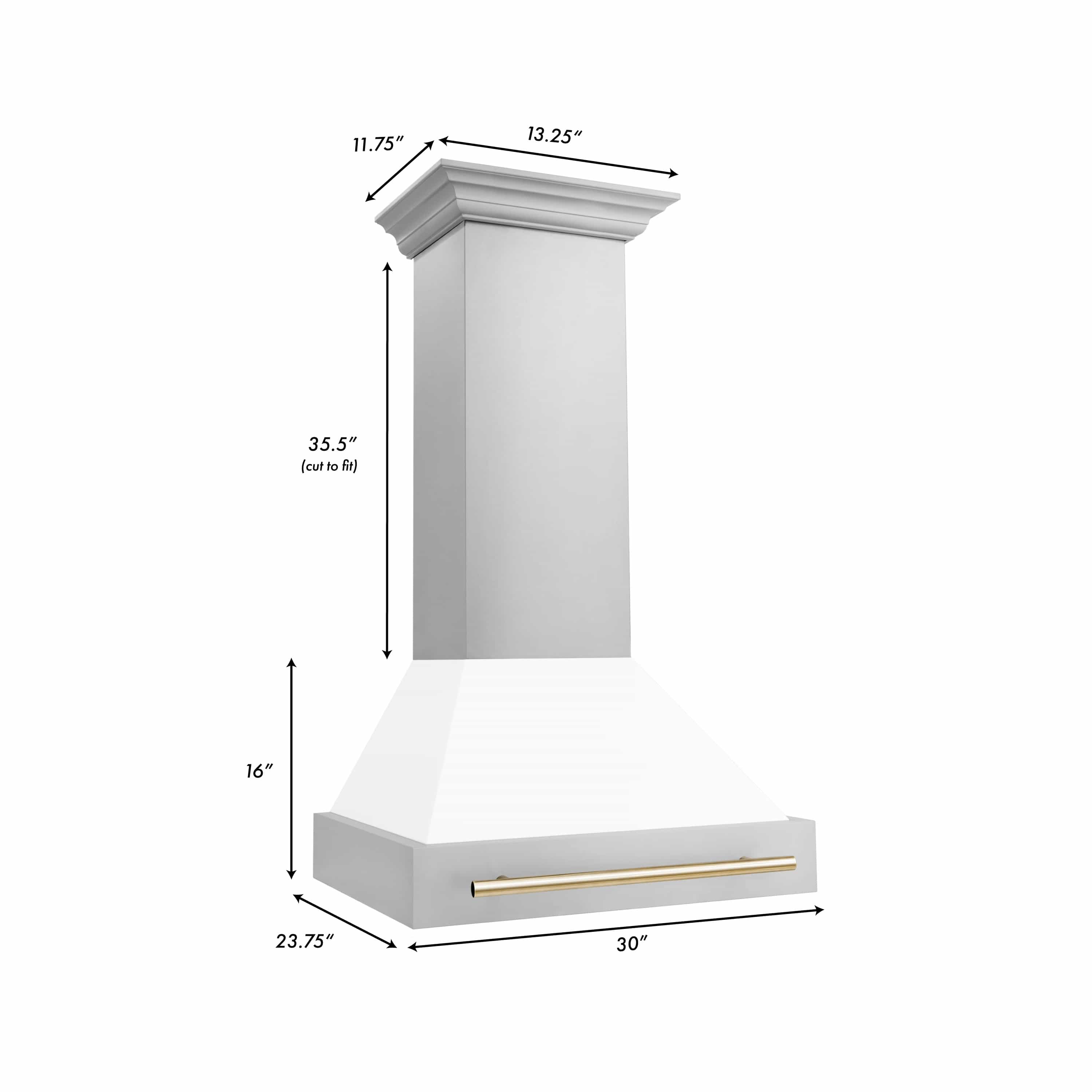 Wall mount range hood with white matte shell and gold vent trim, side view with dimensions.