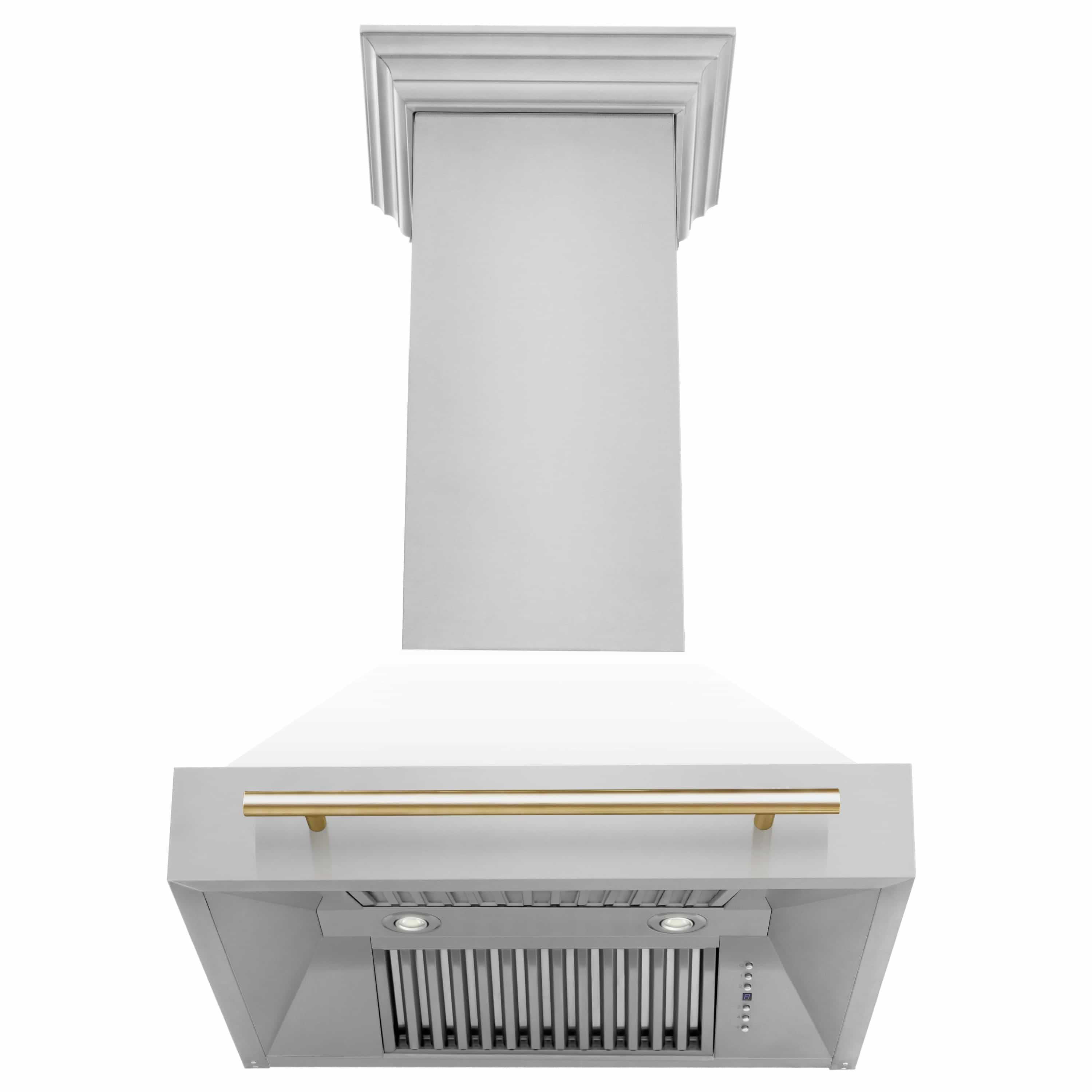 Wall mount range hood with white matte chimney, gold vent bar, and stainless vent panel.