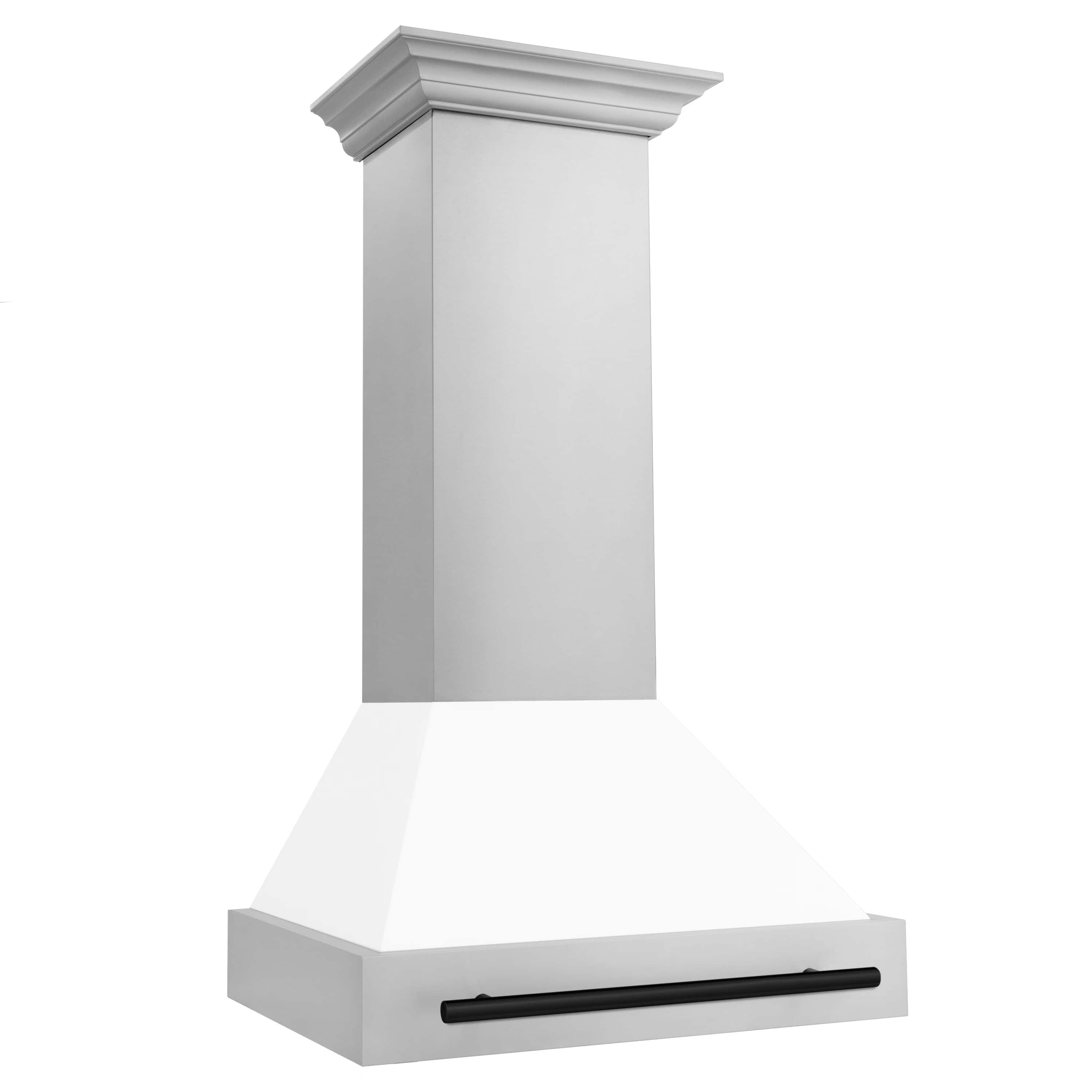 Wall mount range hood side view with white matte chimney and matte black pull handle.