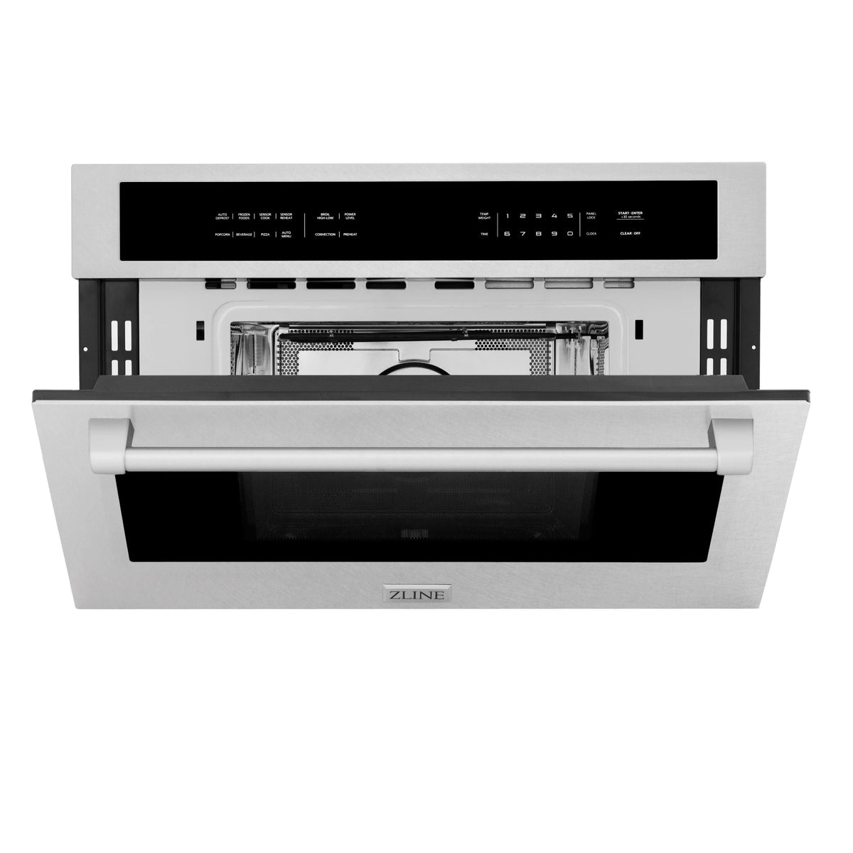 Built-in convection microwave oven with open door and visible interior cavity