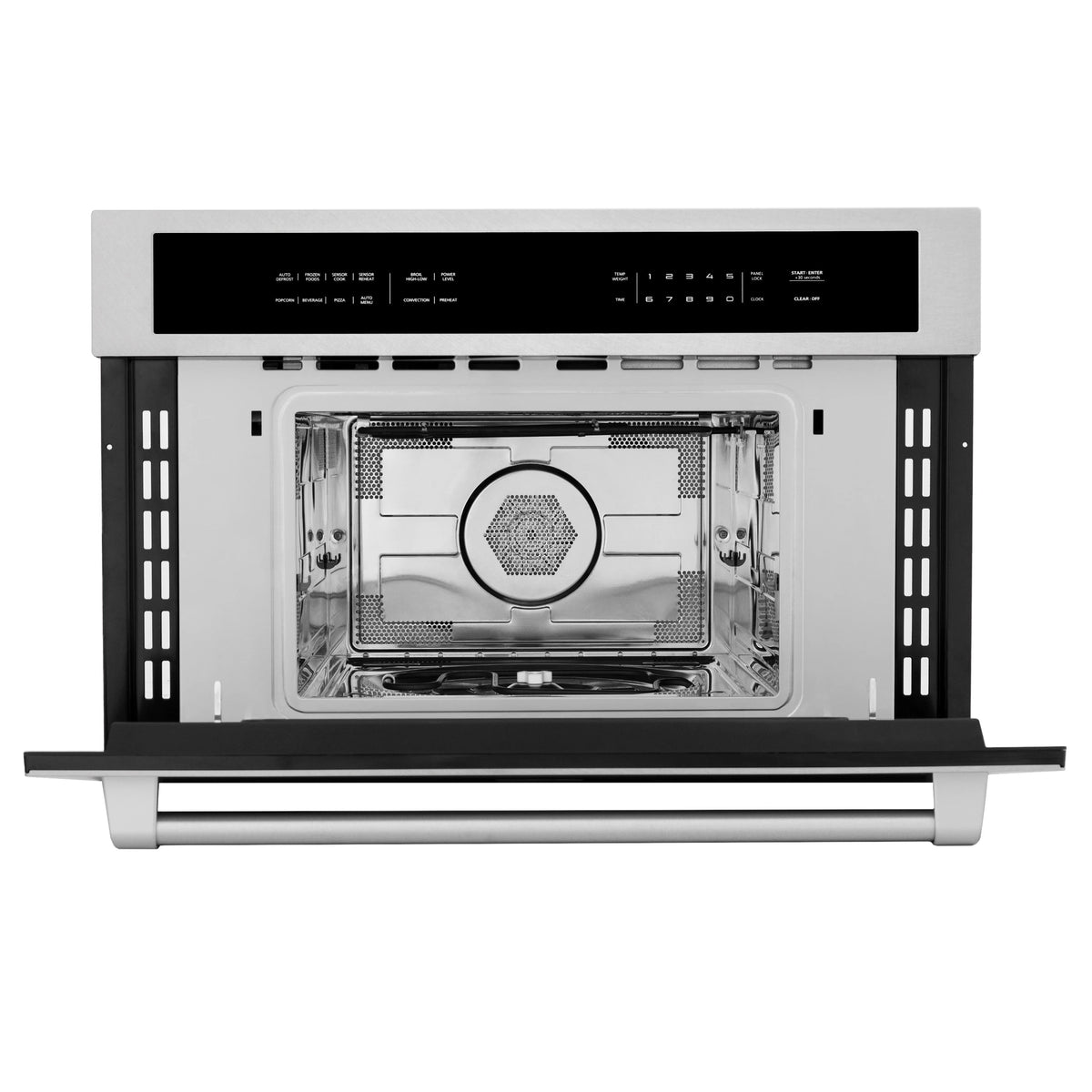 Built-in convection microwave oven door open, showing interior fan and rack