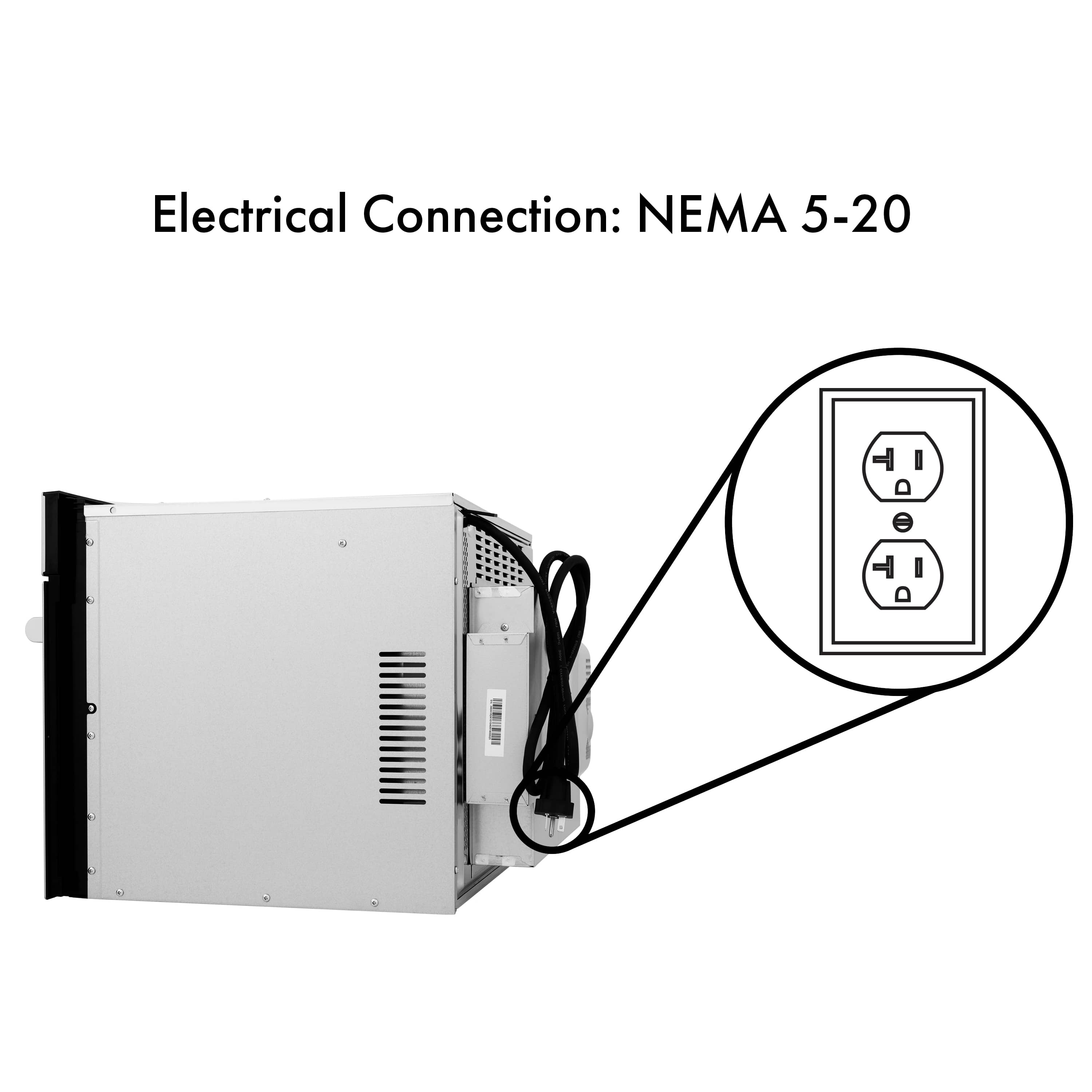 Microwave power connection side view with attached cord and NEMA-style outlet diagram