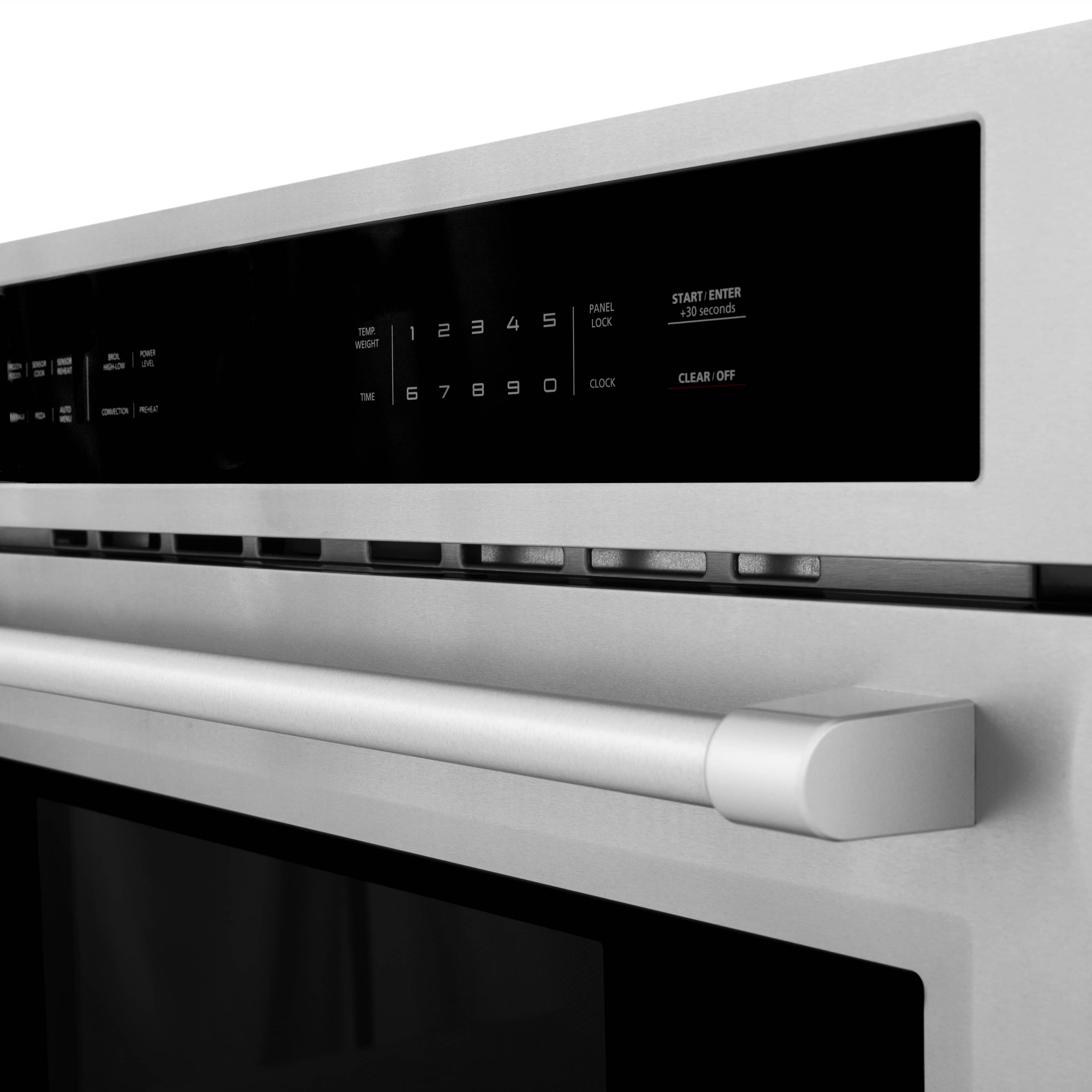 Microwave front control panel close-up with button keypad and display window