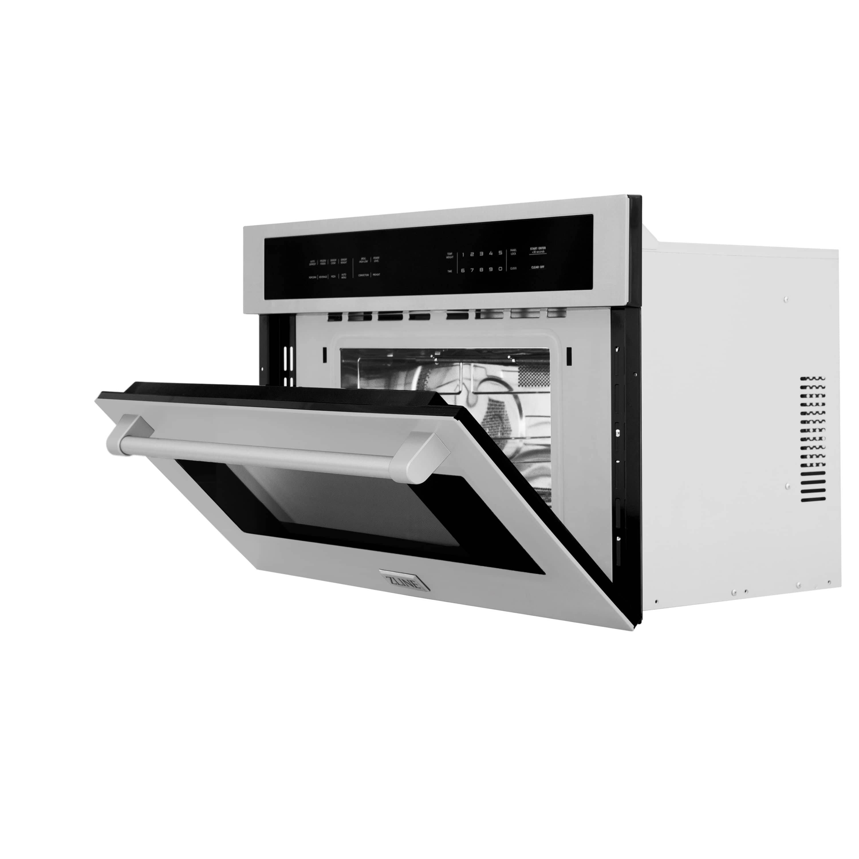 Built-in convection microwave oven with side open door and long white pull handle