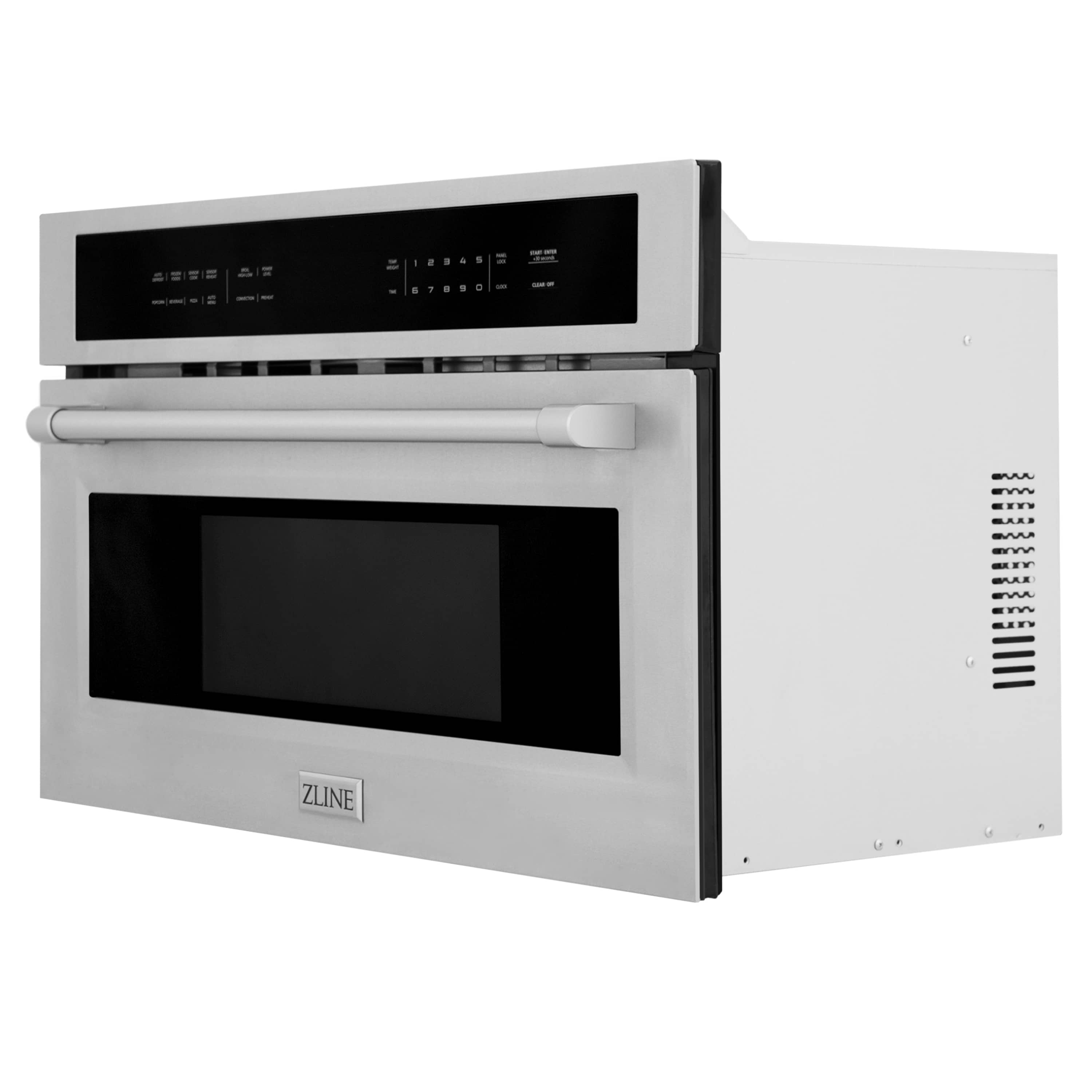 Built-in convection microwave oven with door closed, stainless sides, and handle