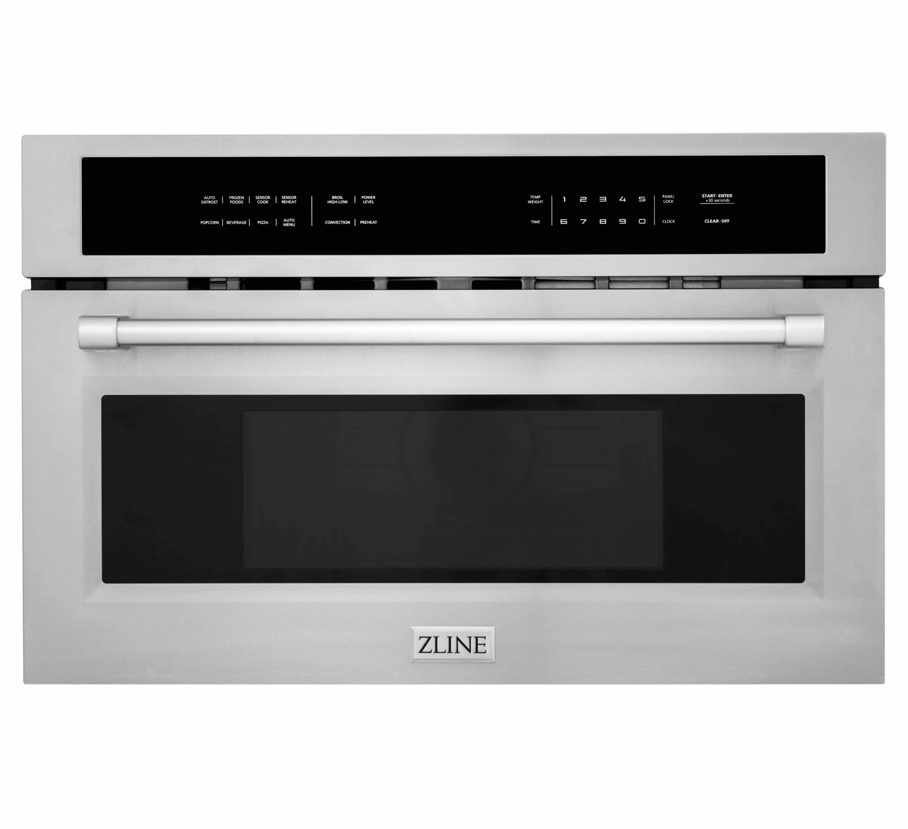 Built-in convection microwave oven in stainless steel with black glass door and control panel