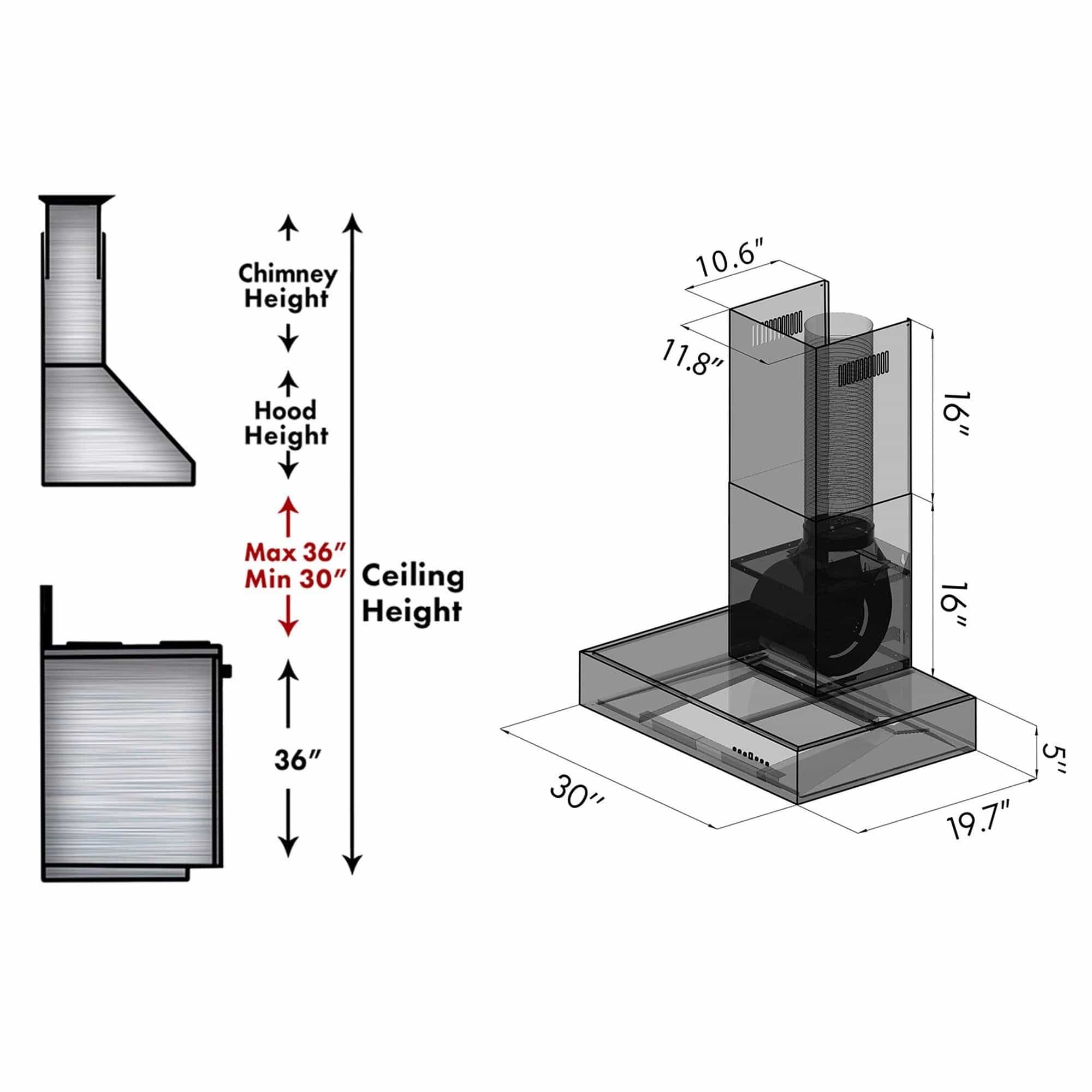 Range hood dimensions diagram showing chimney height and 30 in hood width