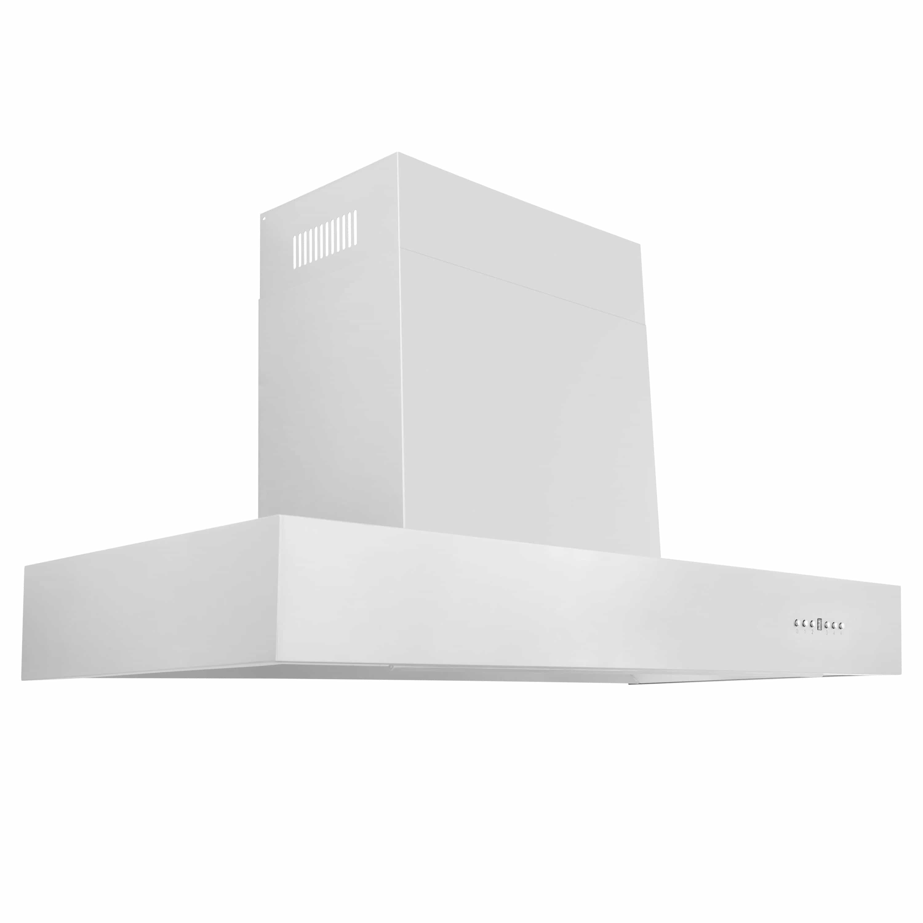 Stainless steel wall-mount range hood with side vent grille and wide front canopy