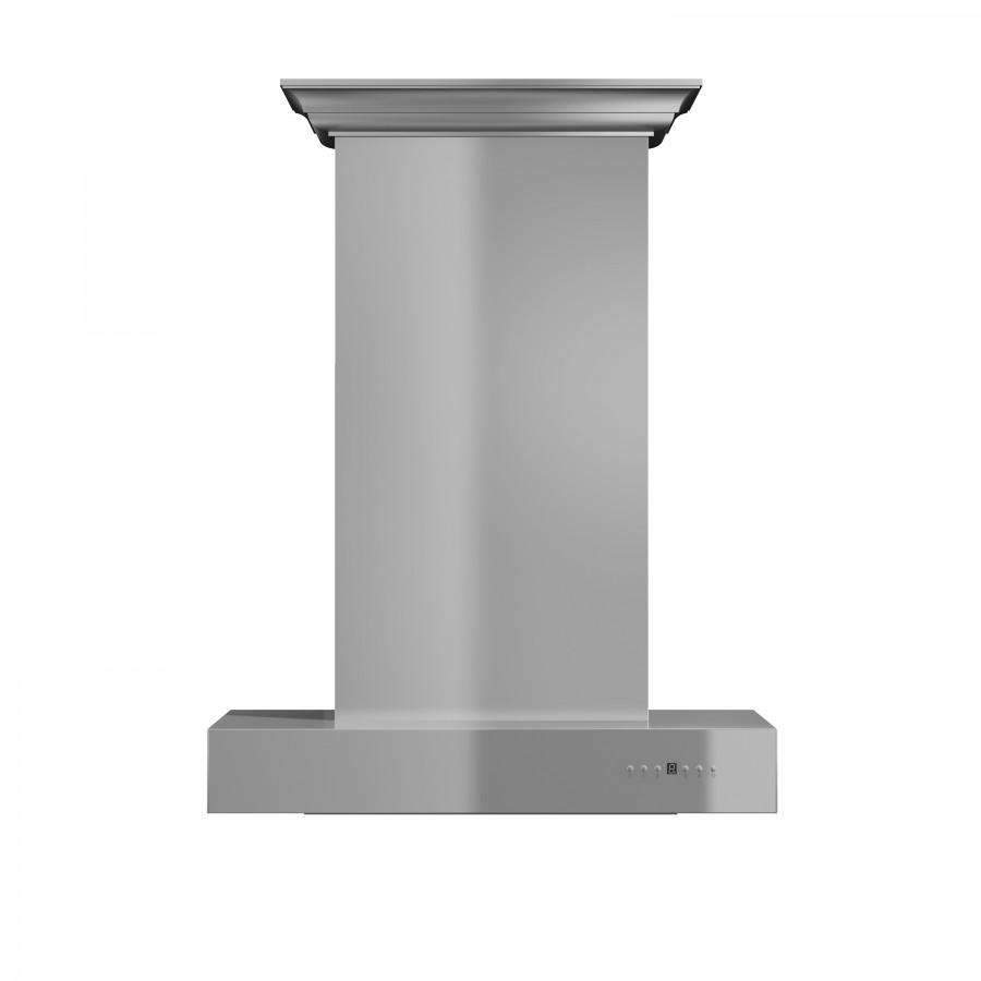 Stainless steel wall-mount range hood with crown molding and slim chimney column