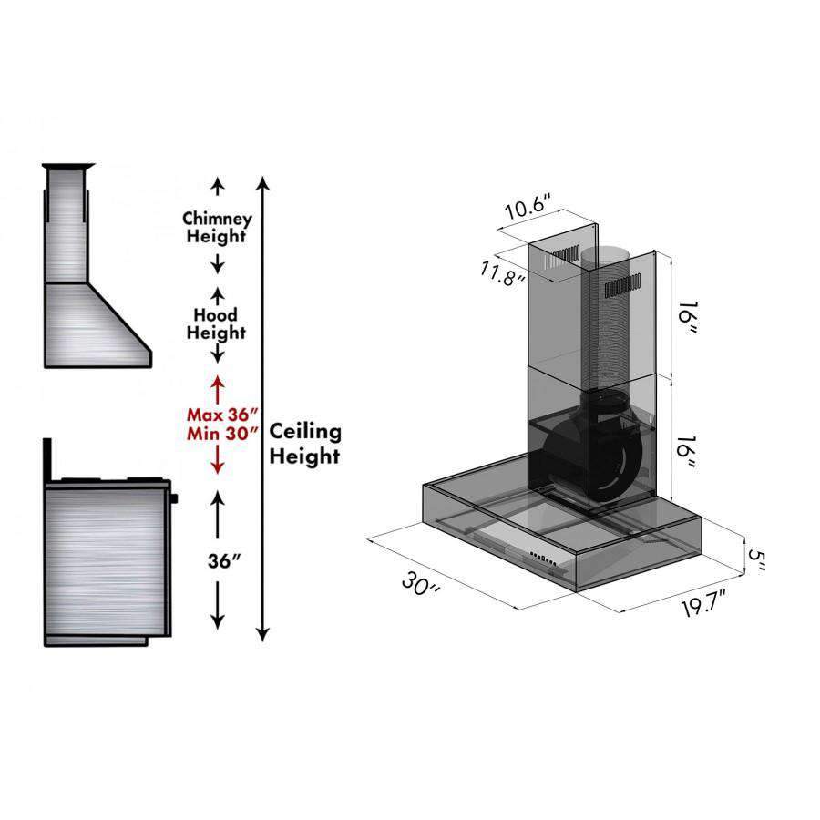 Range hood size diagram showing chimney height and hood width measurements