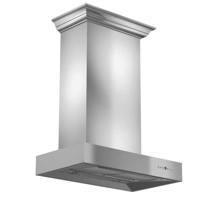 Stainless steel wall-mount range hood with crown top and angled underside vent