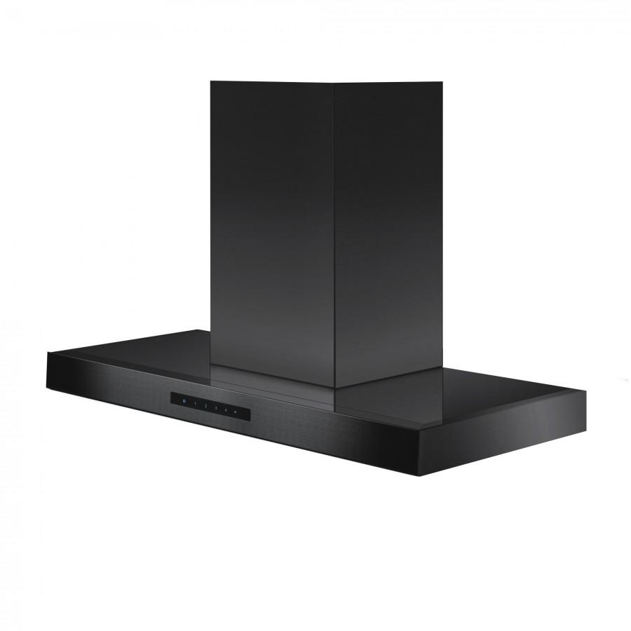 Black stainless steel convertible wall mount range hood with chimney-style body