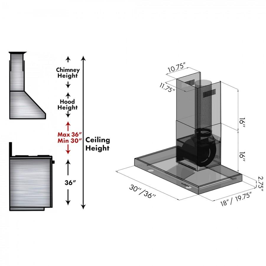 Convertible range hood installation dimensions diagram with height measurements