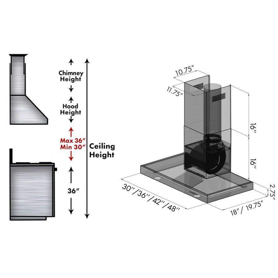 Stainless steel convertible vent wall mount range hood, chimney and vent dimensions