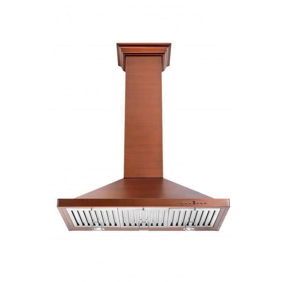 Copper vertical wall range hood with vent slats and side control buttons