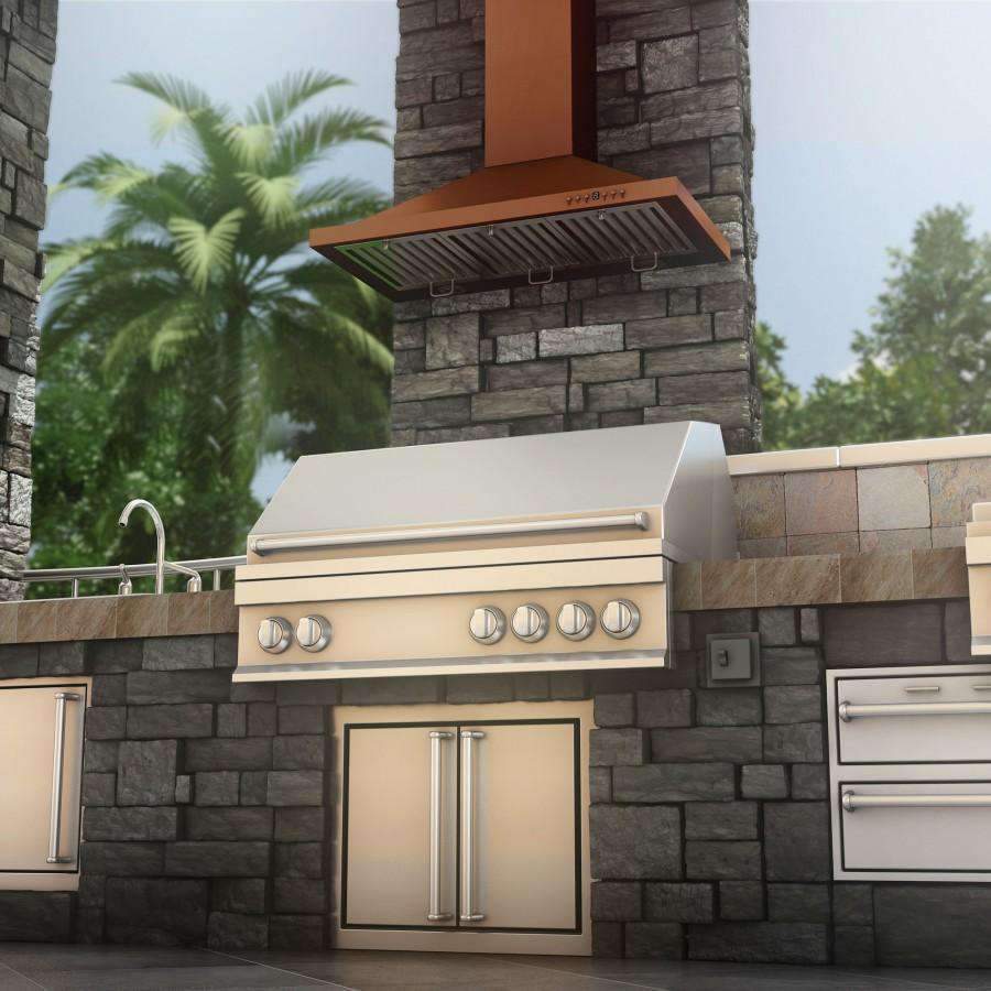 Copper wall range hood with chimney-style duct, vent grates, and slim control panel
