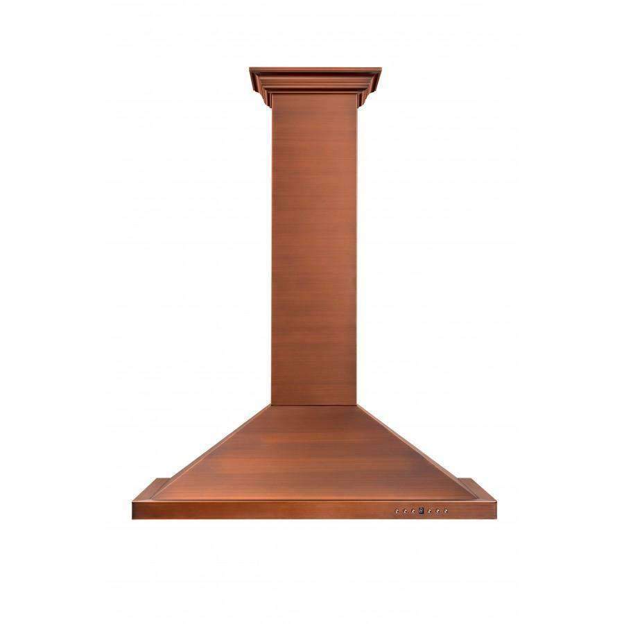 Copper wall range hood with wide canopy and row of control switches on top edge