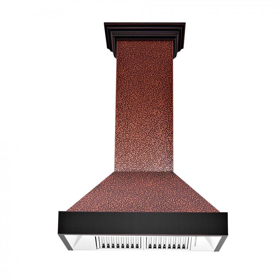 Hammered copper-finish chimney wall range hood with dark top trim and front vent grille