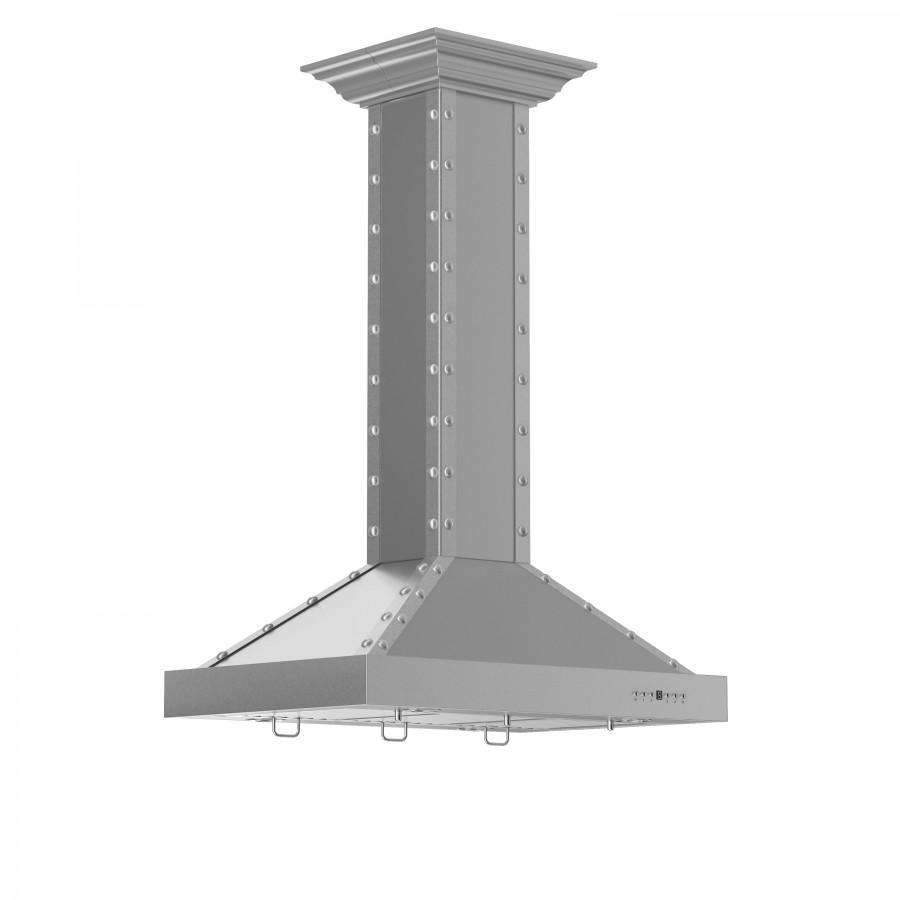 Stainless steel island range hood chimney and flared canopy, side view