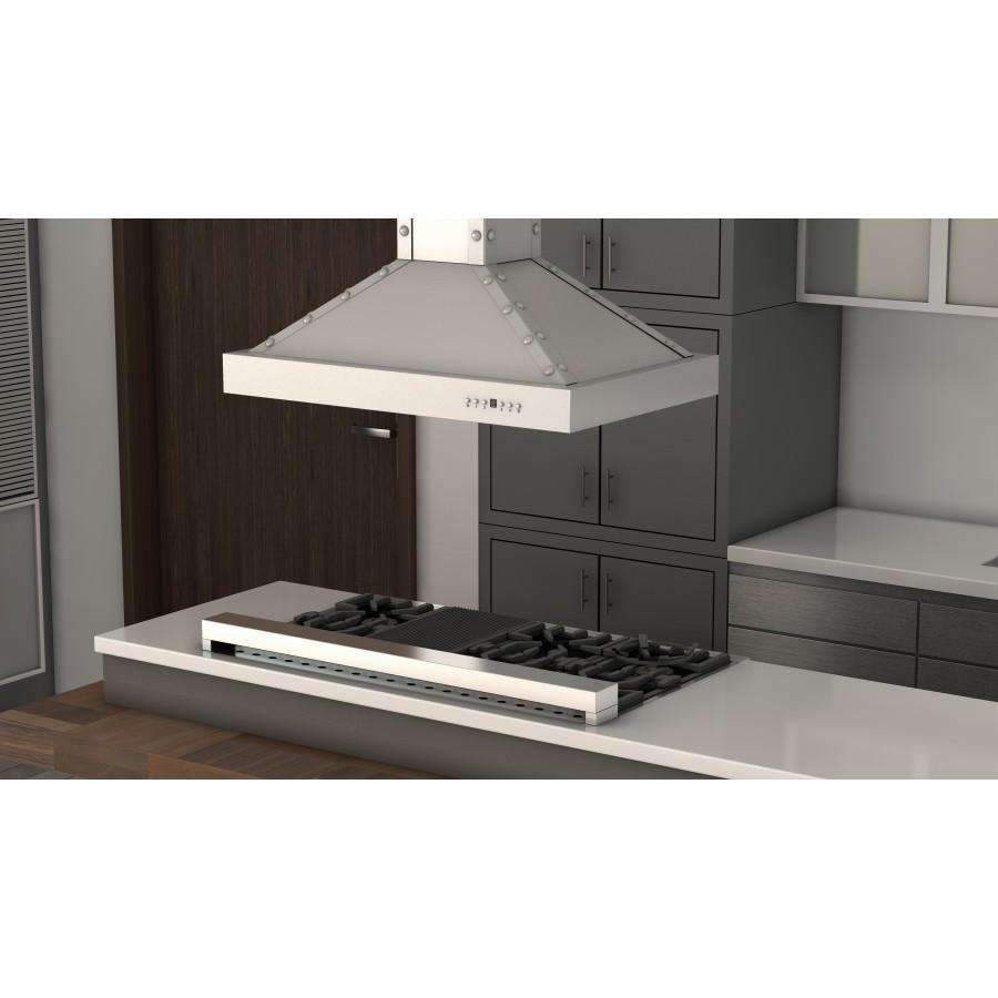 Stainless steel island range hood with chimney and vented front panel