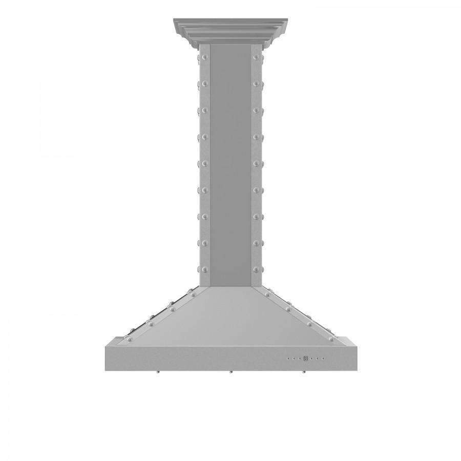Stainless steel island range hood chimney and canopy, side silhouette