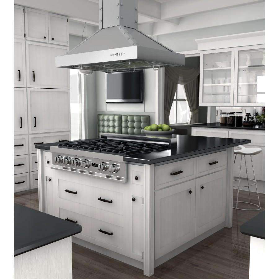 Stainless steel island range hood with front control knobs and canopy vent