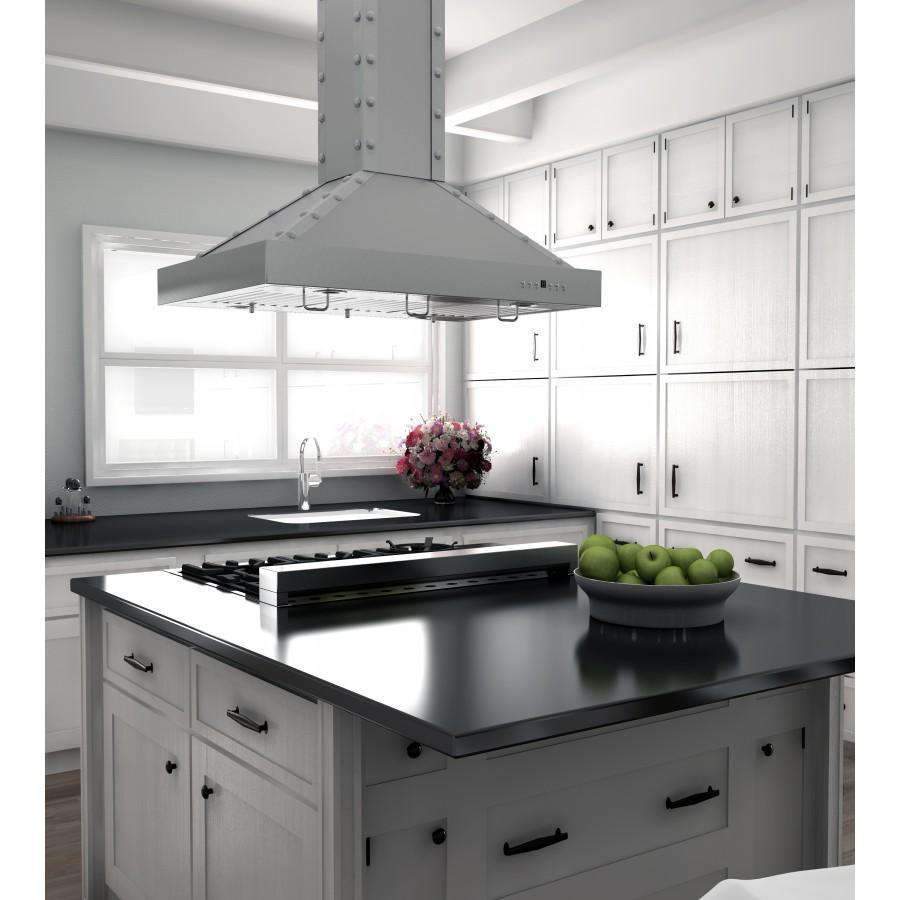 Stainless steel island range hood with angled chimney and recessed control panel