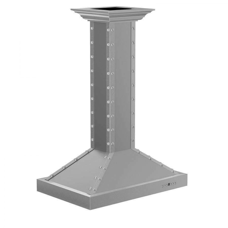 Stainless steel island range hood with chimney column and flat canopy base