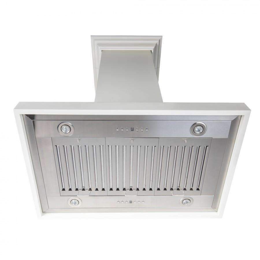 ZLINE 30-inch island range hood with stainless front panel and vertical vent slots