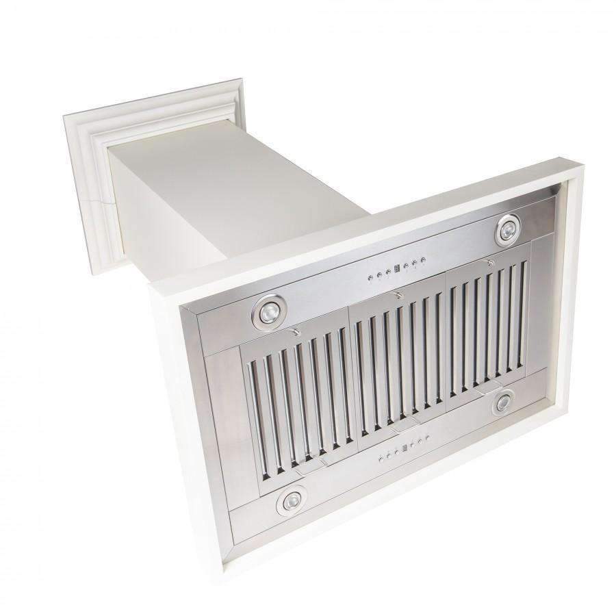 ZLINE 30-inch island range hood, angled view of stainless vent panel and chimney