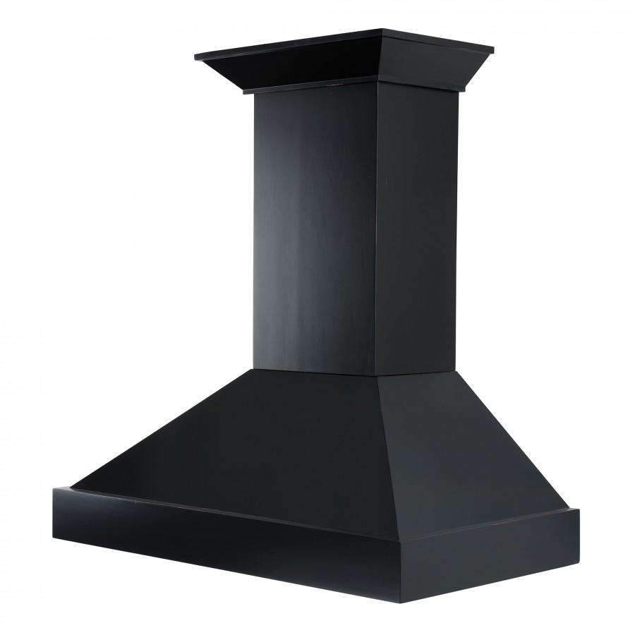 Black chimney range hood with flared canopy top and rectangular duct housing