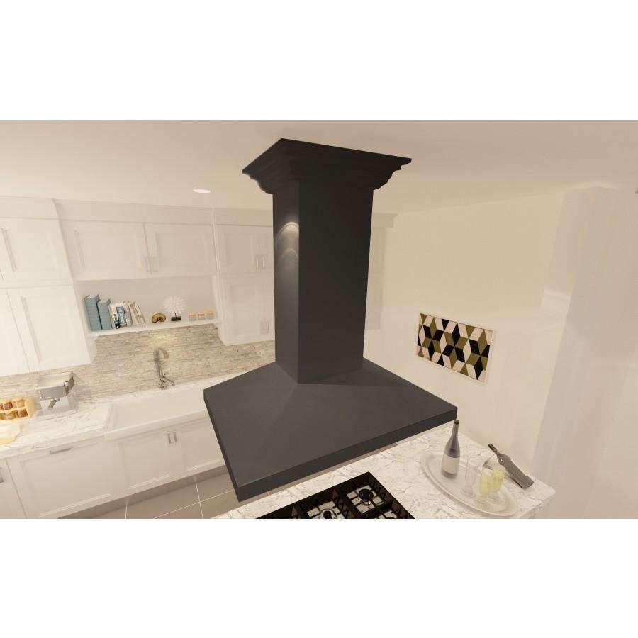 Island range hood with dark chimney and wide flat cooking canopy above the stove