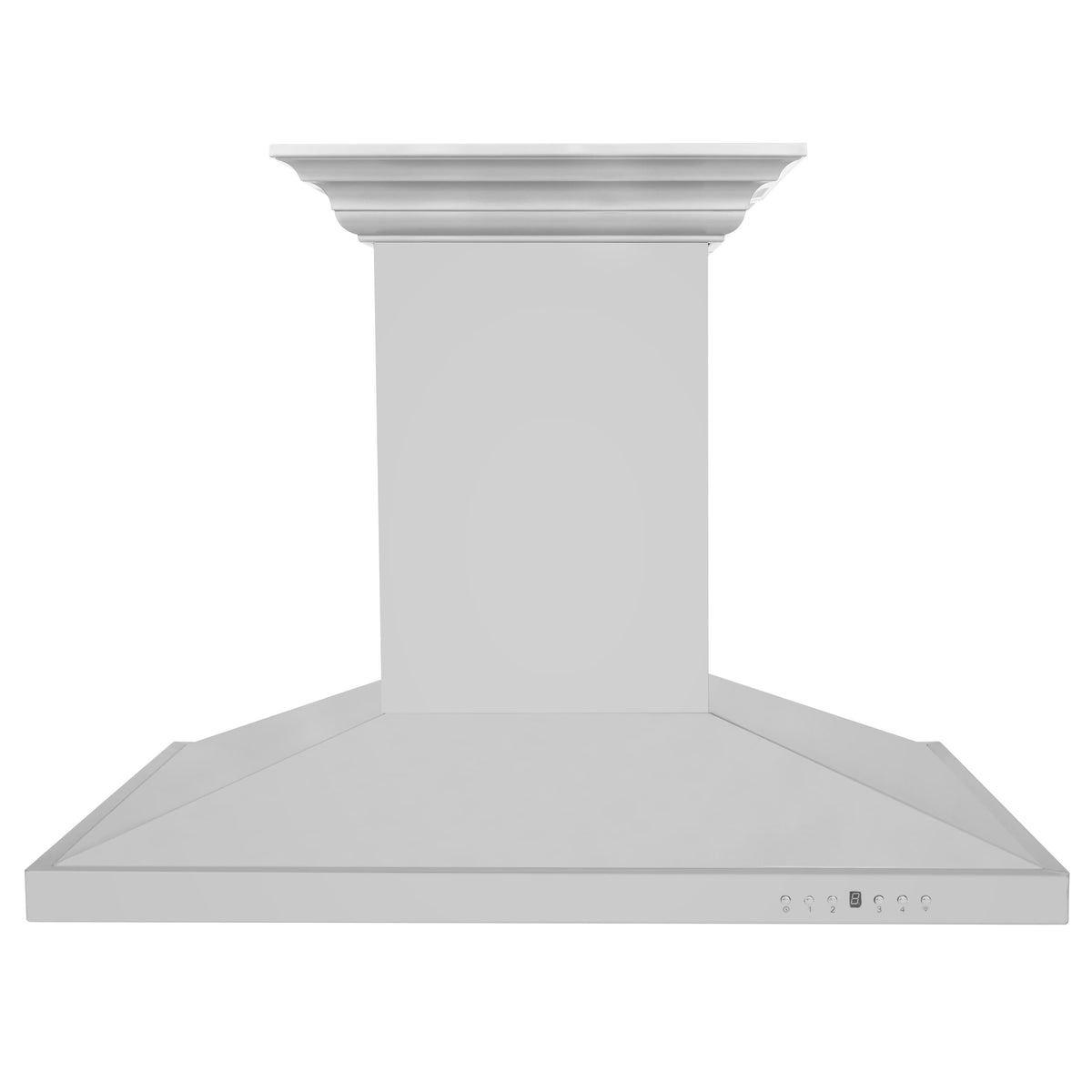 Stainless steel island range hood with crown-style chimney and flat vent canopy