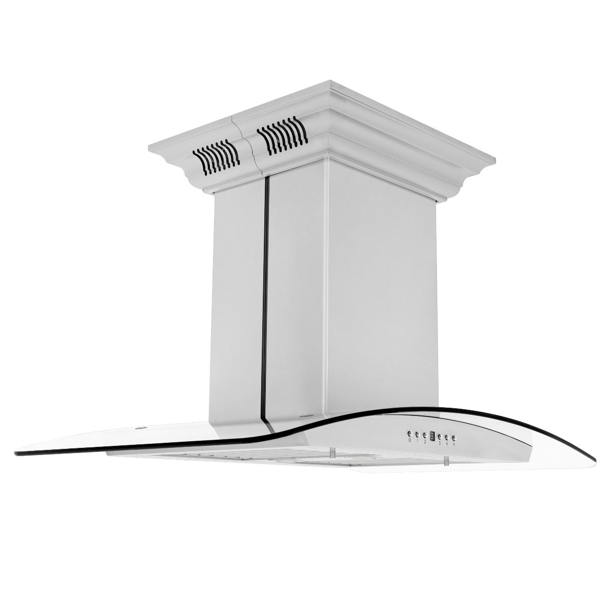 Stainless steel island range hood side view with vent slots on crown and canopy