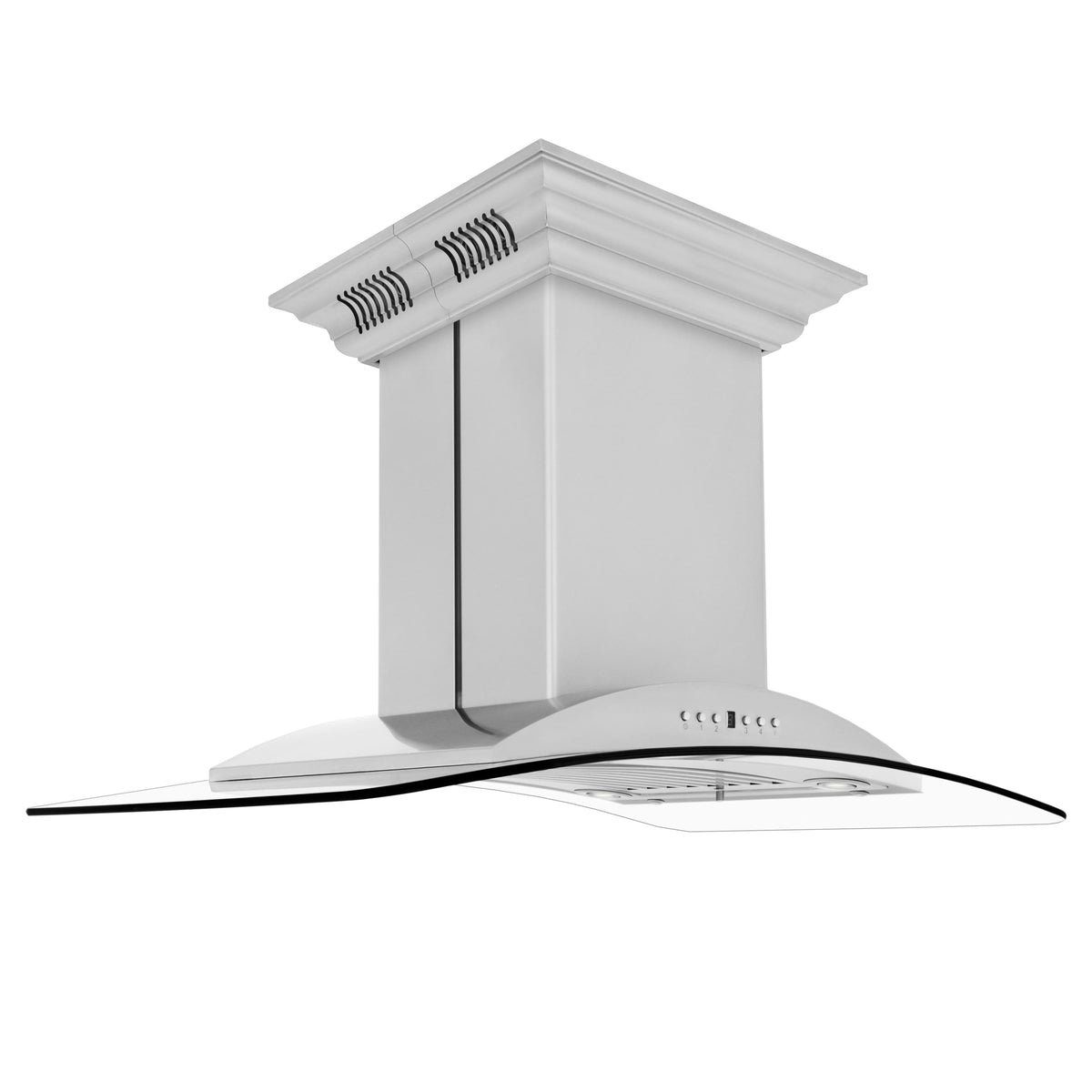 Stainless steel ducted island range hood with tall chimney and curved canopy