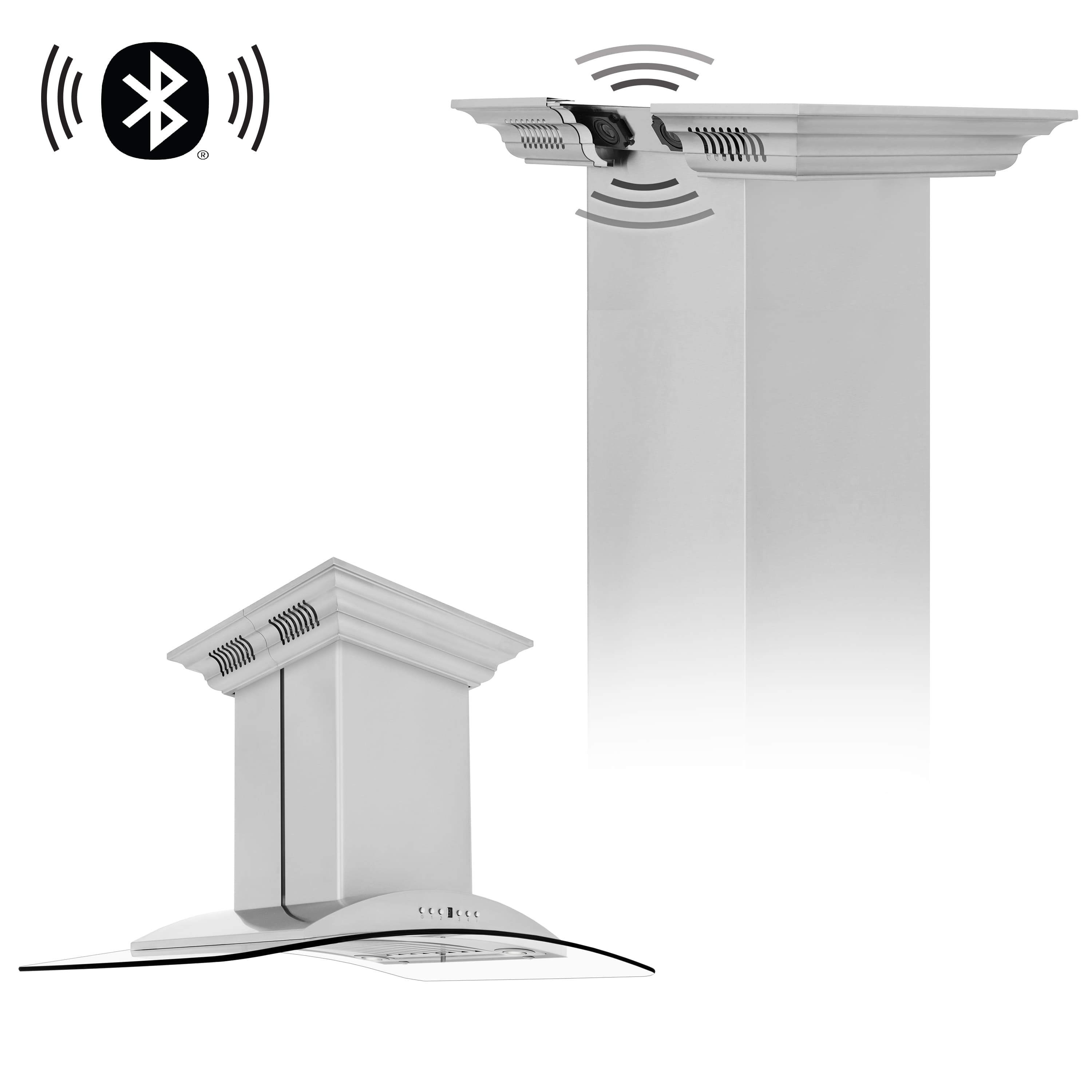 Stainless steel island range hood with built-in Bluetooth speakers and signal icons