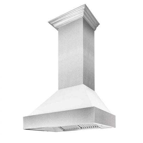 Satin stainless steel chimney range hood with angled vented bottom