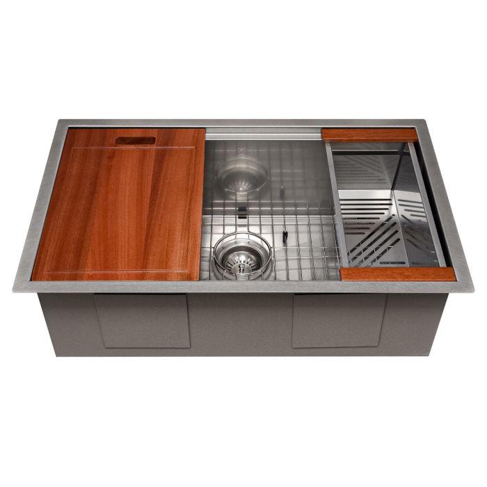 Single-bowl stainless steel sink with wooden cutting boards and bottom rack