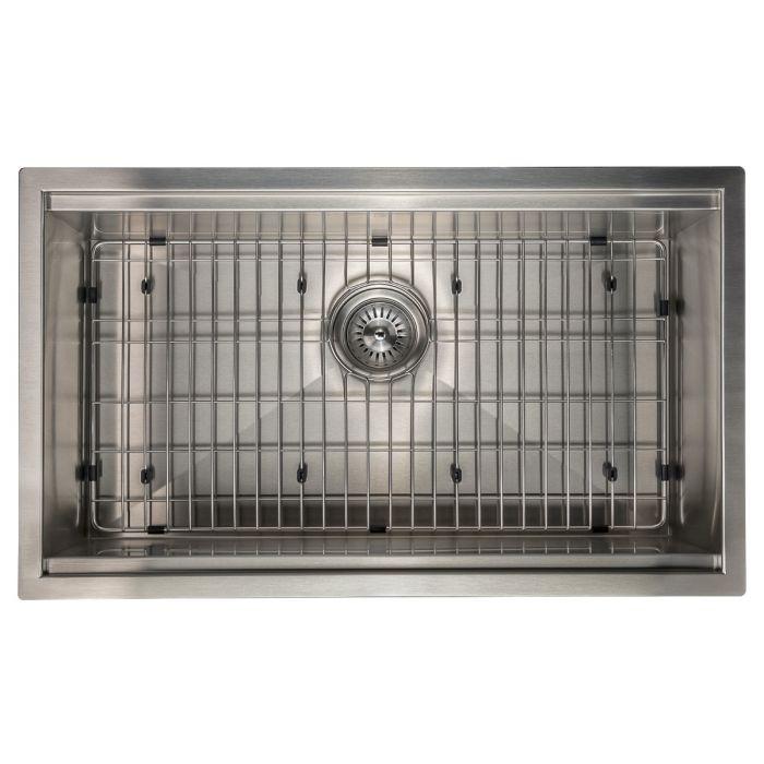 Stainless steel single-bowl sink with fitted bottom grid and center drain