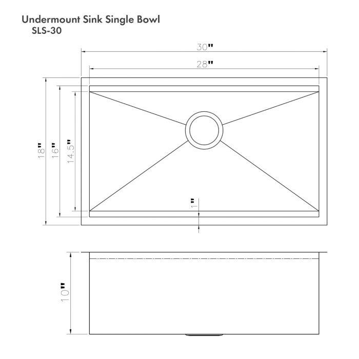Undermount single-bowl sink dimension diagram, 30-inch width and 10-inch depth