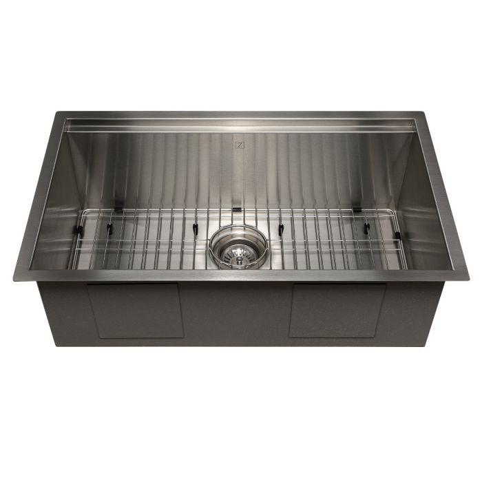 Undermount stainless steel single-bowl sink with bottom rack and center drain