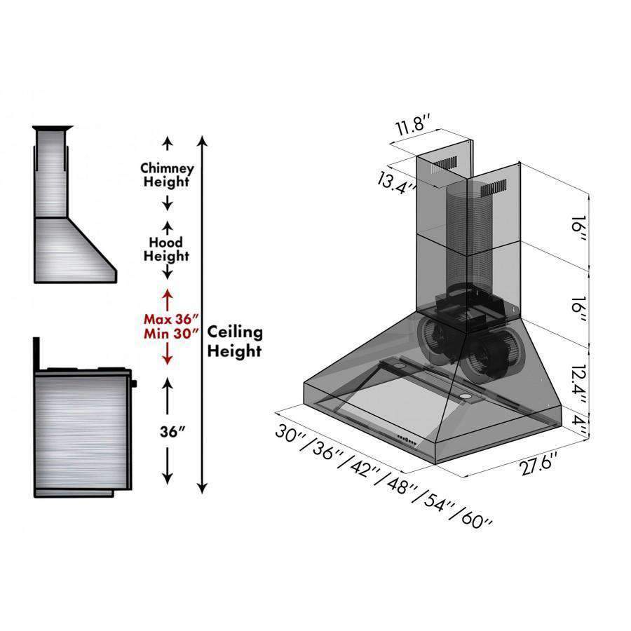 Technical diagram of a stainless steel wall mount range hood with dimensions